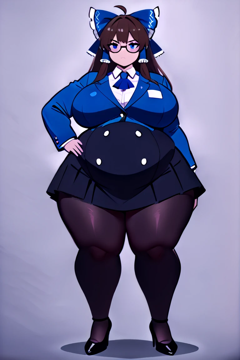 A tall girl, sensual, big breast, long black hair, bright blue eyes, wearing , sailor, yellow ribbon collar, wearing steel red gloves, wearing a circular blue skirt, and wearing socks, chubby black shoe.