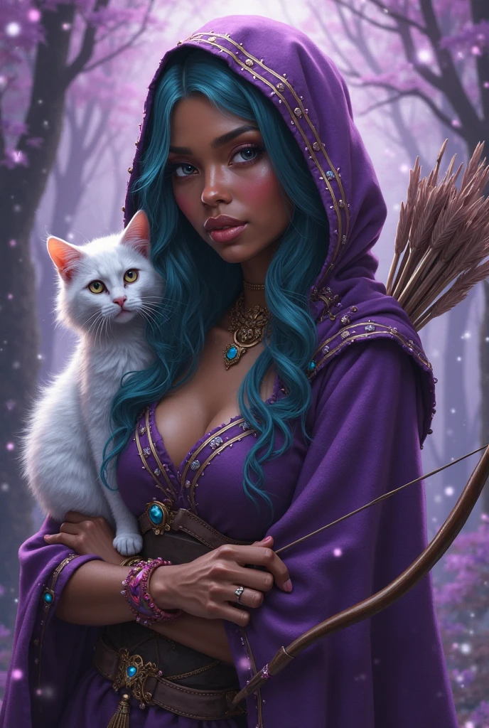 White woman with green eyes and long wavy purple hair, 80 kilo warrior rock in black with her chubby pug with floppy ears