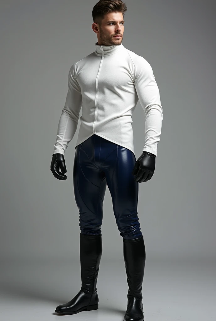 Fullbody standing picture of white Handsome muscular horny sexy gay man wearing skinny tight white latex bodysuit, shiny black hair Disconnected Pompadour oiled hair style, shiny black varnished vans, big golden neck chain, red lip, six pack, tattoos, horny, cum shot, sperm, milking penis, very big penis, very big testicle, shiny oiled skin, orgasm, oversexed, masturbation, standing at white show room.