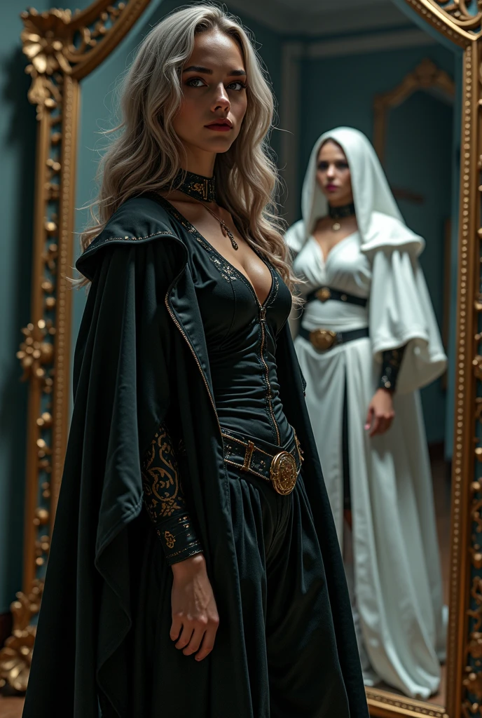 a beautiful woman in a gedi robe, a beautiful woman in a sith lord costume, 2 women, star wars, hyperrealistic, 8k, highly detailed, photorealistic, dramatic lighting, cinematic composition, intricate costume details, elegant poses, dynamic movement, moody color palette, dramatic shadows, vivid colors, stunning visuals