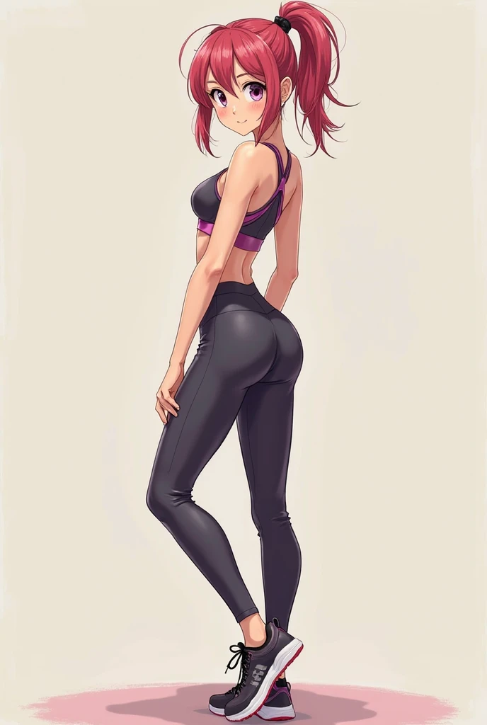 1girl, looking back, looking at viewer, ass focus, huge ass, wide hips, high-waisted pants, patterned legwear, leggings, midriff, strapless top, red hair, short hair, single braid, arched back, trees, sunlight, grass, blue sky
