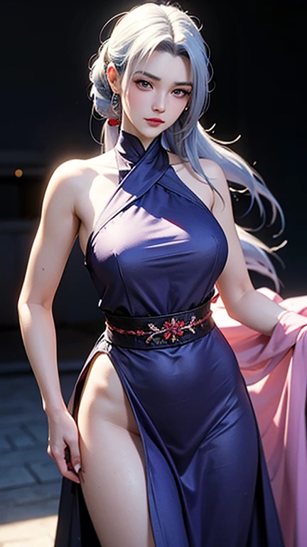 Good quality, best quality, masterpiece, 8k character, sexy female character, a female ninja, white hair, long hair, tied in bun, hair clip, lusty expression, red eyes, American face, detailed face, short nose, American girl, USA woman, sweating, a tight dress, sexy ninja uniform, sexy dress, straps ited all over the body, XXL extremely unnatural big , toned stomach, sexy, very revealing dress, bra and panty like dress, tight dress ,dead or alive style, 3d style, moonlight in background, dojo temple in background