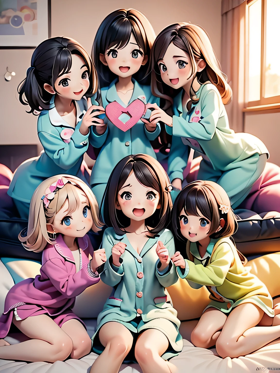 (((expresses a burst of laughter with the whole body:1.3))),(((5 cute girls make circles on futons,))),(((Love story))),Pajama Party,