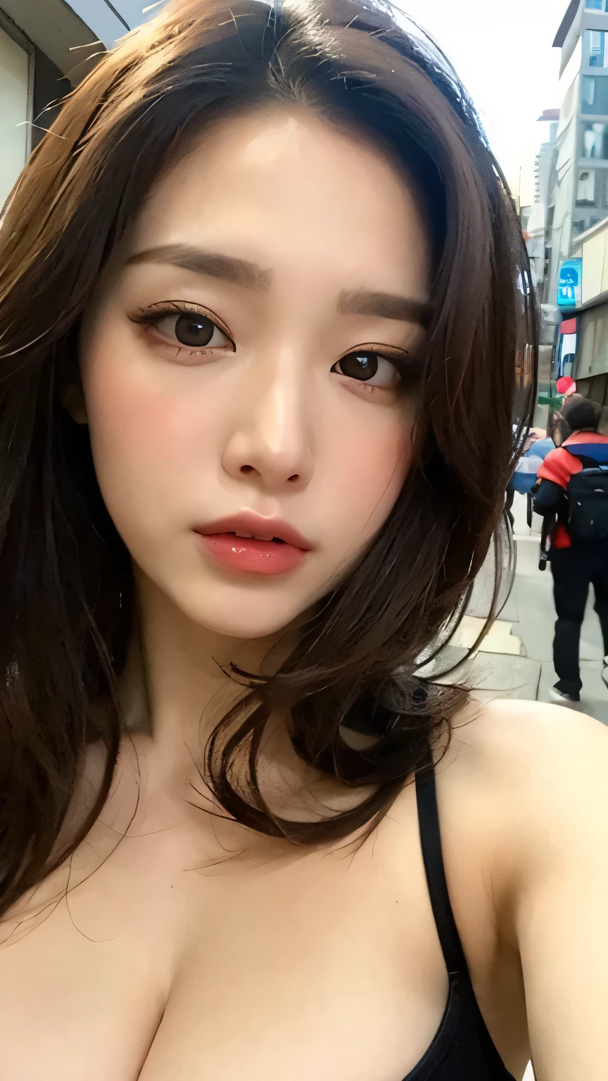 Photorealistic, masutepiece, Best Quality, Raw photo, selfee、1girl in, Solo, Long hair, Brown hair, Detailed face, alluring face, Sweater that kills virgins, medium breasts, Dynamic Pose, Looking at Viewer, From below, Detailed background, fine detailed, intricate detailes, Ray tracing, depth of fields, lowkey, nffsw