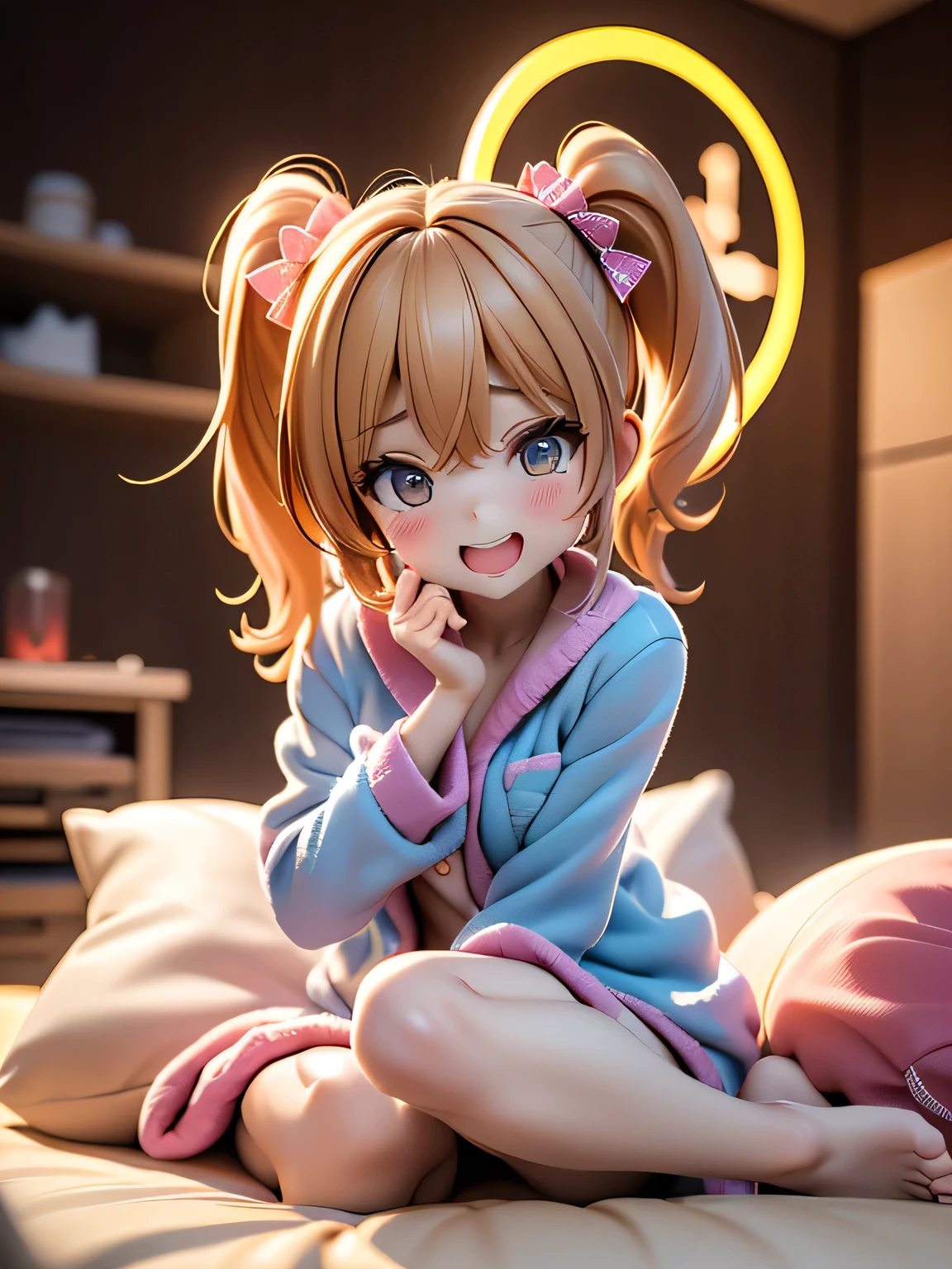 (((expresses a burst of laughter with the whole body:1.3))),(((３A cute girl is in a circle on a futon,))),(((Love story))),Pajama Party,(create a mess of clothes with a motion blur effect:1.3),(((3D Images:1.3))),(image mode ultra HD),