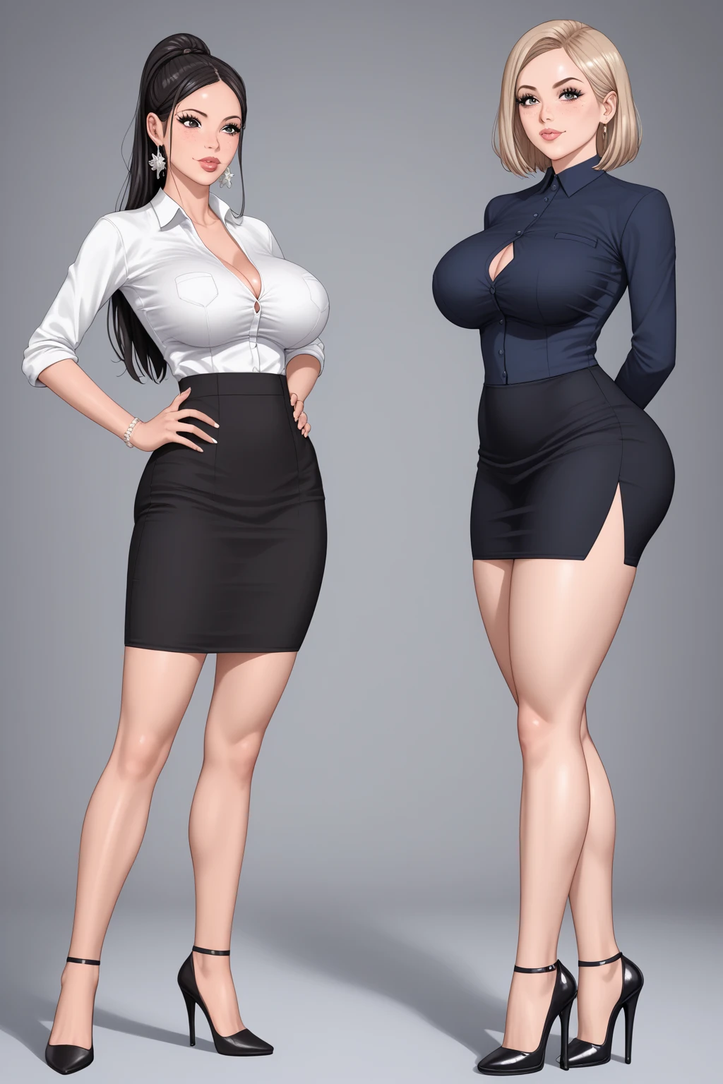 ((character concept art)), ((character design sheet, same character)),(full body view), young adult girl, Tall stature, little chest, closed mouth, brasilian appearance: brown eyes; brown hair; sharp facial features; dimple on the chin; Straight nose; high nose; pronounced high cheekbones; high forehead, stands upright, oiled skin, plump physique, (gigantic breasts:1.2), wide hips, brasilian butt, huge legs, big tighs, detailed face, wear short sundress.