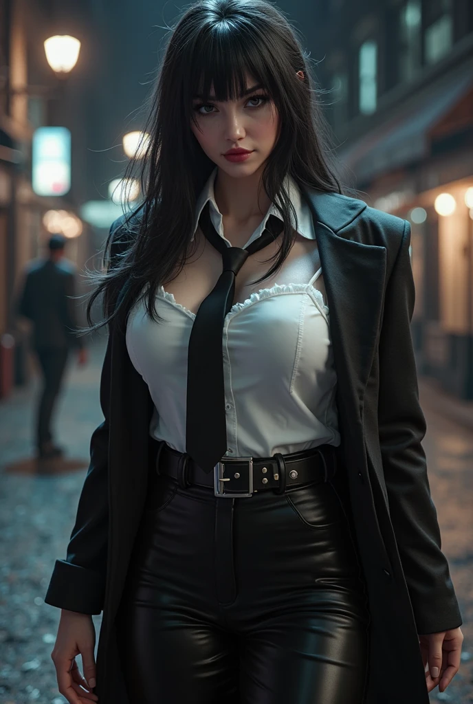 Best quality, masterpiece, ultra high res, (photorealistic:1.4), raw photo, (perfect body shape), (slim:1.2), dynamic pose, 1girl, (full figure:0.9), solo, big breasts, sagging breasts, school uniform, in the dark, night, on the street, deep shadow, low key, cold light 12000K