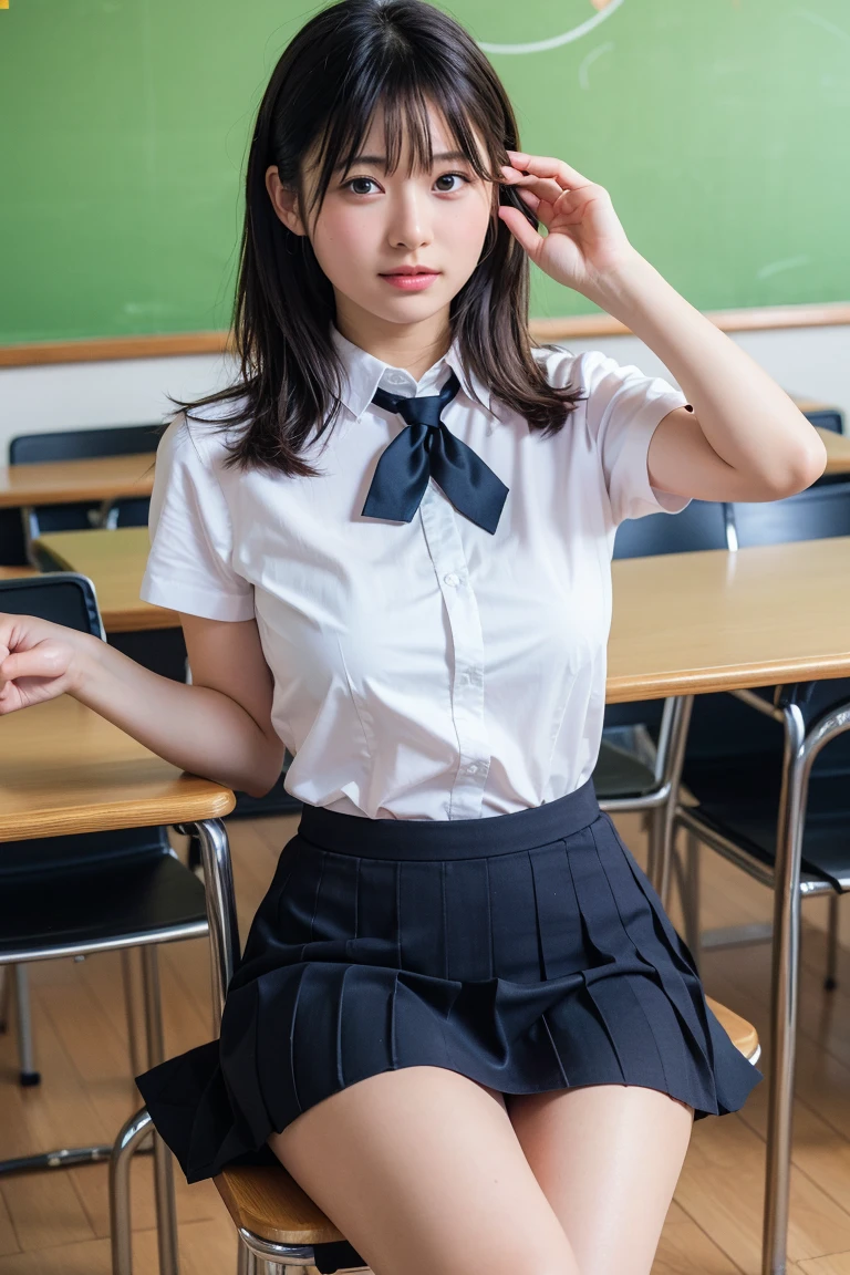 Full body shot、Full body shot、8k、best image quality、masterpiece、((Detailed school life、Classroom desks and chairs))、(Bright natural light from the window:1.3)、sad youth movie、scene、sunny、summer vacation、japanese summer、15 year old girl、Face of a beautiful Japan girl、Glasses、innocent smile、small face、open your mouth、Japanese high school girl meets her friends in the classroom、She was surprised、short sleeve shirt、ribbon tie、((black rim square glasseini skirt、ブリーツit in a chair、Open your legs with your inner thighs、Delicate、Shiny skin of teenage girls、Slender、Neat and clean hairstyle、low person、short bob、fine eyes、Slenderな体、thin legs、white socks、loafers、