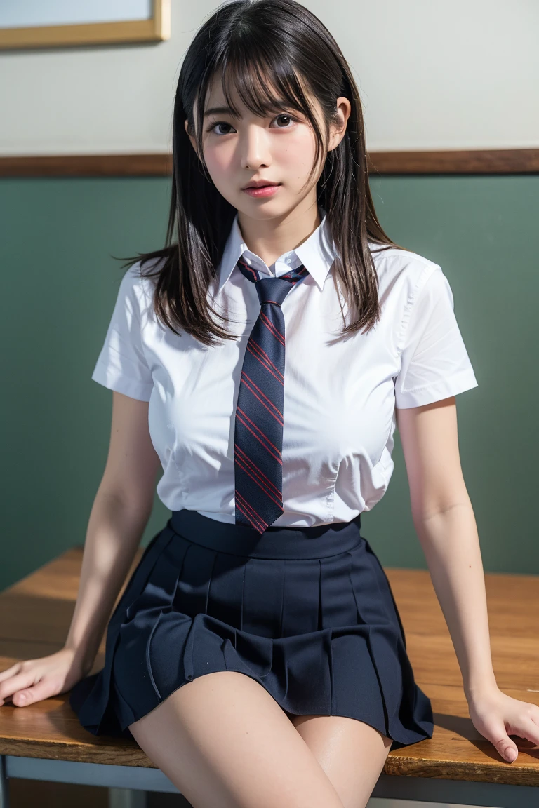 (1 girl), (sexy look:1.5), (flat chest:1.3), (very detailed目, very detailed顔), (超realistic, High resolution), (highest quality:1.4), (hyper quality), real skin texture, RAW photo, (realistic, Photoreal:1.37), very detailed, professional photography, (school uniform, pleated skirt:1.3), (look at me), (School, classroom), ((Face to face with me:1.4)), (from below:1.3), realistic private parts, lace panties, Japanese high school girl、超highest quality、masterpiece、超High resolution、written boundary depth、(Photoreal:1.4)、(award winning photos、信じられないほどのmasterpiece:1.3) 、RAW photography、golden ratio、Highly detailed CG Unity 8k wallpaper、detailed and complex、original、High resolution、RAW photo、(perfect body shape)、detailed and complex、Digital single-lens reflex camera、soft writing、(background person blur:1.1)、Sigma 85mmF/1.4、50mm Lenac lighting、nffsw、hyper real、color grade, Rear view,from below:1.3), (((Holding the hem of her skirt, she opens her legs and shows off her real pussy.:1.4))),