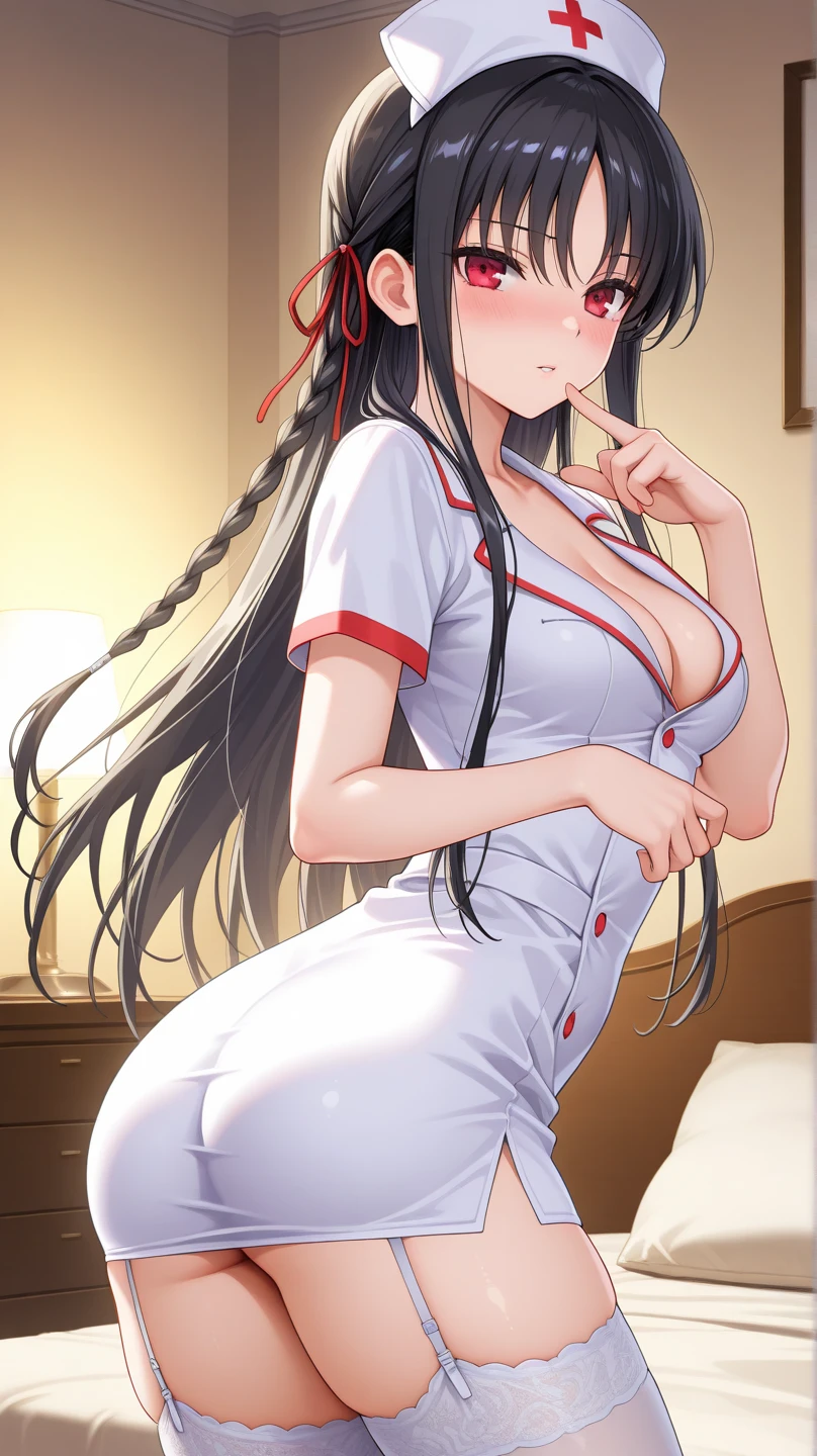 one woman, nurse uniform,nurse cap, standing, (hands on the knees), hospital, ((in the crowd)), (clothed), black semi-long hair, (closed eyes), open mouth, (((shy))), ((embarrassed)), frowned,large chest, glamour body, chest focuasterpiece, best quality:1.4), (8k, raw photo, photo realistic:1.2), shiny skin, detailed skin, detailed face, detailed eyes, shinozaki ai