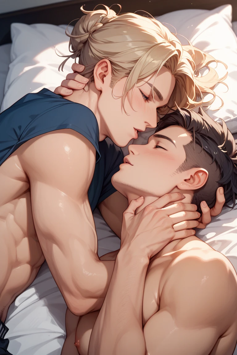 best quality, masterpiece, extremely detailed, extreme close up of muscular man with cute square face, wavy hair with curtain bangs, licks another man's stomach, one nipple ring, saliva string, sexy, gay homoerotic, dark cinematic lighting, extremely dramatic shadows, romantic atmosphere, perfection, no watermark, no logo, no signature