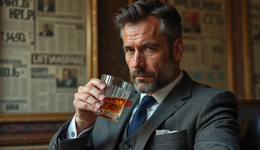 A man in a suit drinking whiskey against a white background 