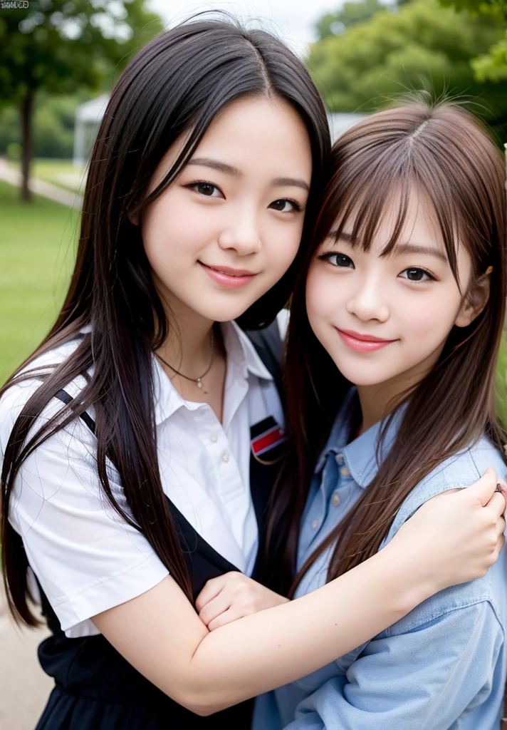 masterpiece, best quality, 2girls, kissing, smile, from side, outside, In front of a large crowd of men and women wearing  uniforms