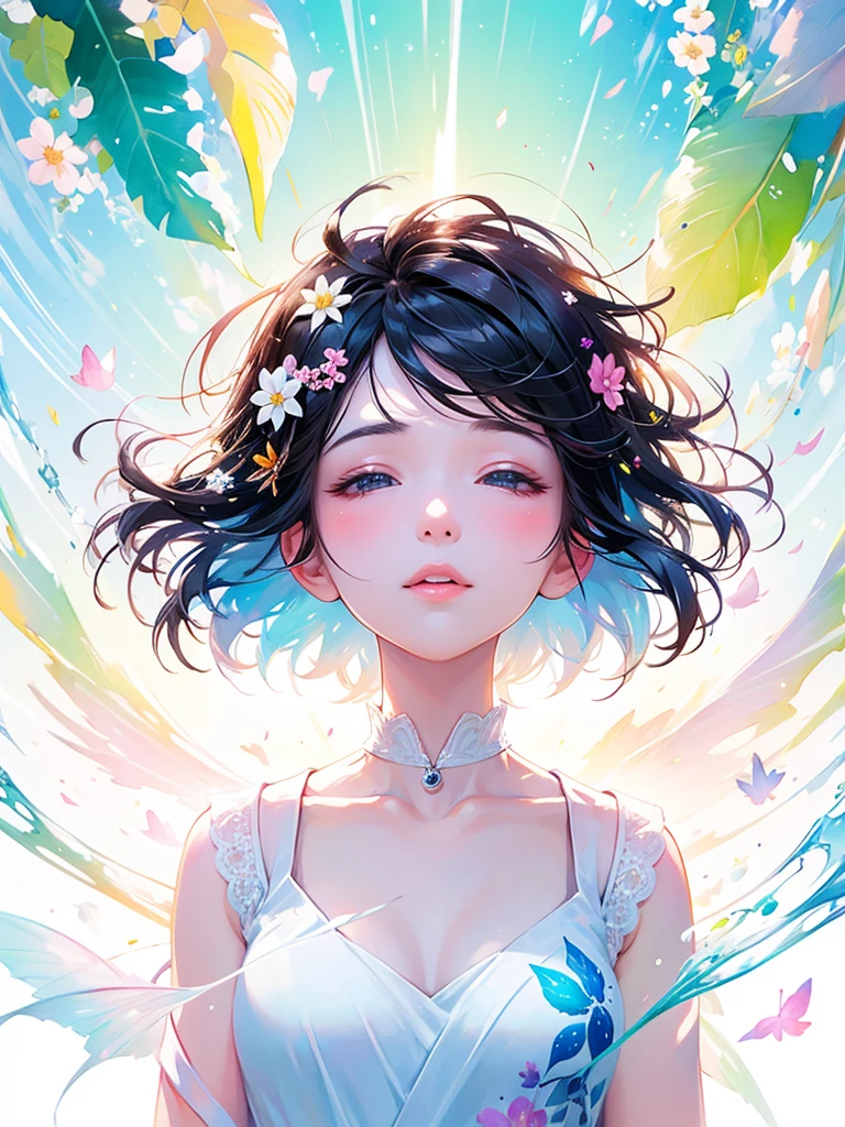 (masterpiece、Highest quality、Highest quality、Beautiful and beautiful:1.2)、Excellent anatomy、(Watercolor painting 1.5)、Long Shot、straight short hair images、Trendy Hair Color, Beautiful Face、Beautiful profile, Looking up to the sky, I close my eyes and pray, Fairy, 蝶のFairyのコスチューム、Pure white、Pure、charm, Colorful flowers of different colors, Flower and leaf wind、Botanical Art,