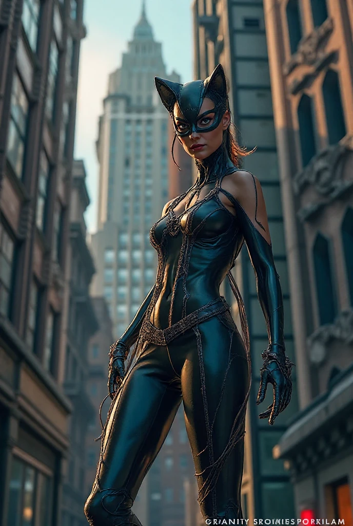 an anthro calico cat woman, cute, cityscape, sunny day, sky, cloud, professional lighting, photon mapping, radiosity, physically-based rendering