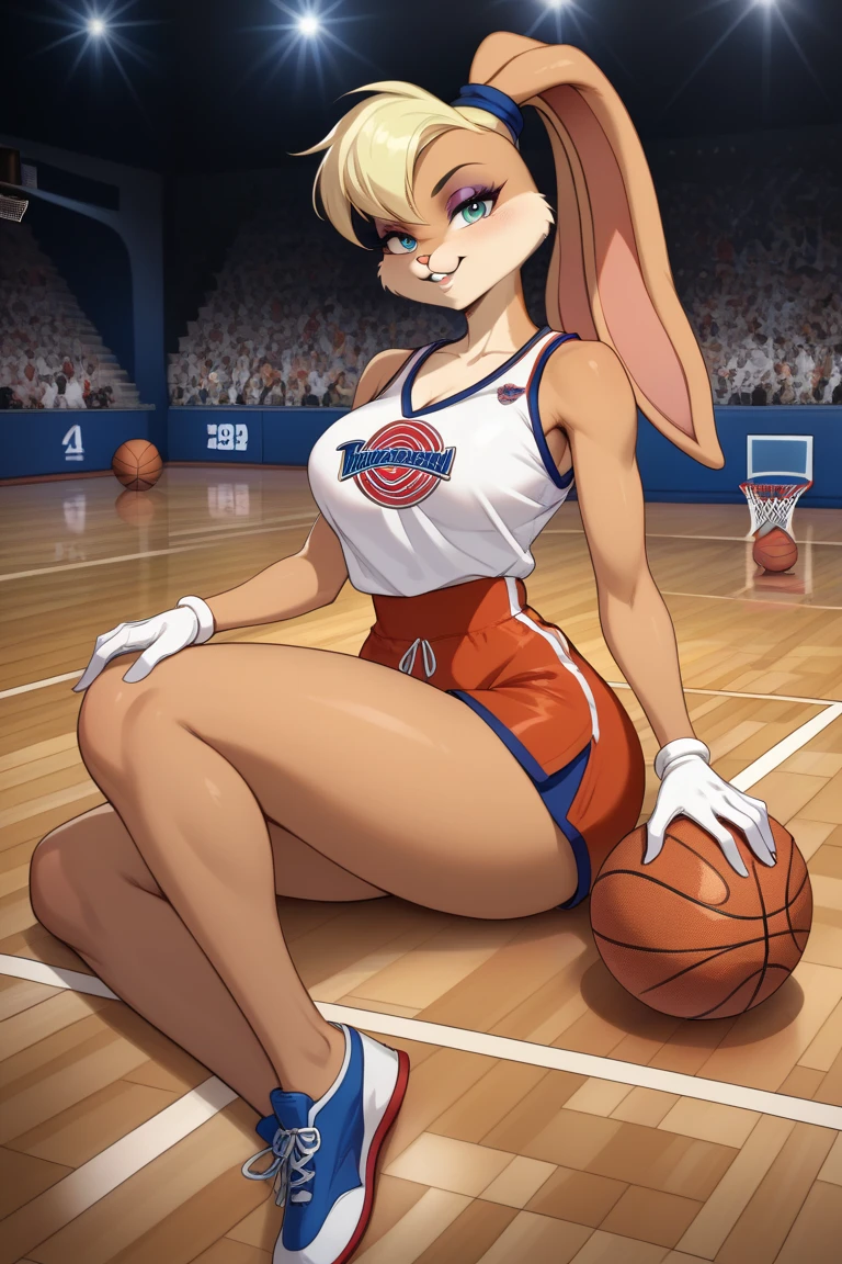 anime_source, (masterpiece), best quality, expressive eyes, perfect face, score_9, score_8_up, score_7_up, 1girl, basketball, outdoors, blonde hair, blue eyes, blush, breasts, furry, furry female, hair over one eye, hetero, large breasts, navel, solo focus, sweat, tongue, tongue out, lola bunny, hand on hip, holding ball, croptop, thong, tree, park