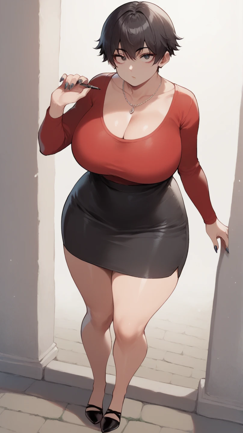 Score_9, score_8_up, score_7_up, score_6_up, source_anime, Nyantcha style, 1girl, solo, Short black hair, hair bangs, pale skin, bowl cut hairstyle, short hairstyle, tomboy hairstyle, adult woman, young woman,, detailed eyes, beautiful eyes, busty, huge breasts, wide hips, thick thighs, shapely legs, entire body showing, long fingernails, clear nail polish, standing, long sleeved red blouse, long sleeve, collarbone showing, necklace, long black pencil skirt, ballerina flats shoes, black footwear, flats shoes, standing, cleavage, side angle