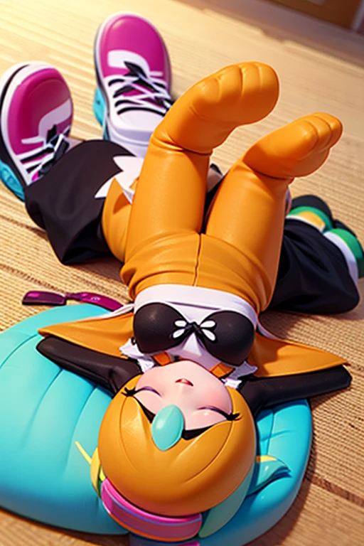 Girl in yellow long skirt and blue costume sitting on banana, Yellow-green underwear、Curvaceous Beautiful Girl,  squatting, render of a cute 3d anime girl