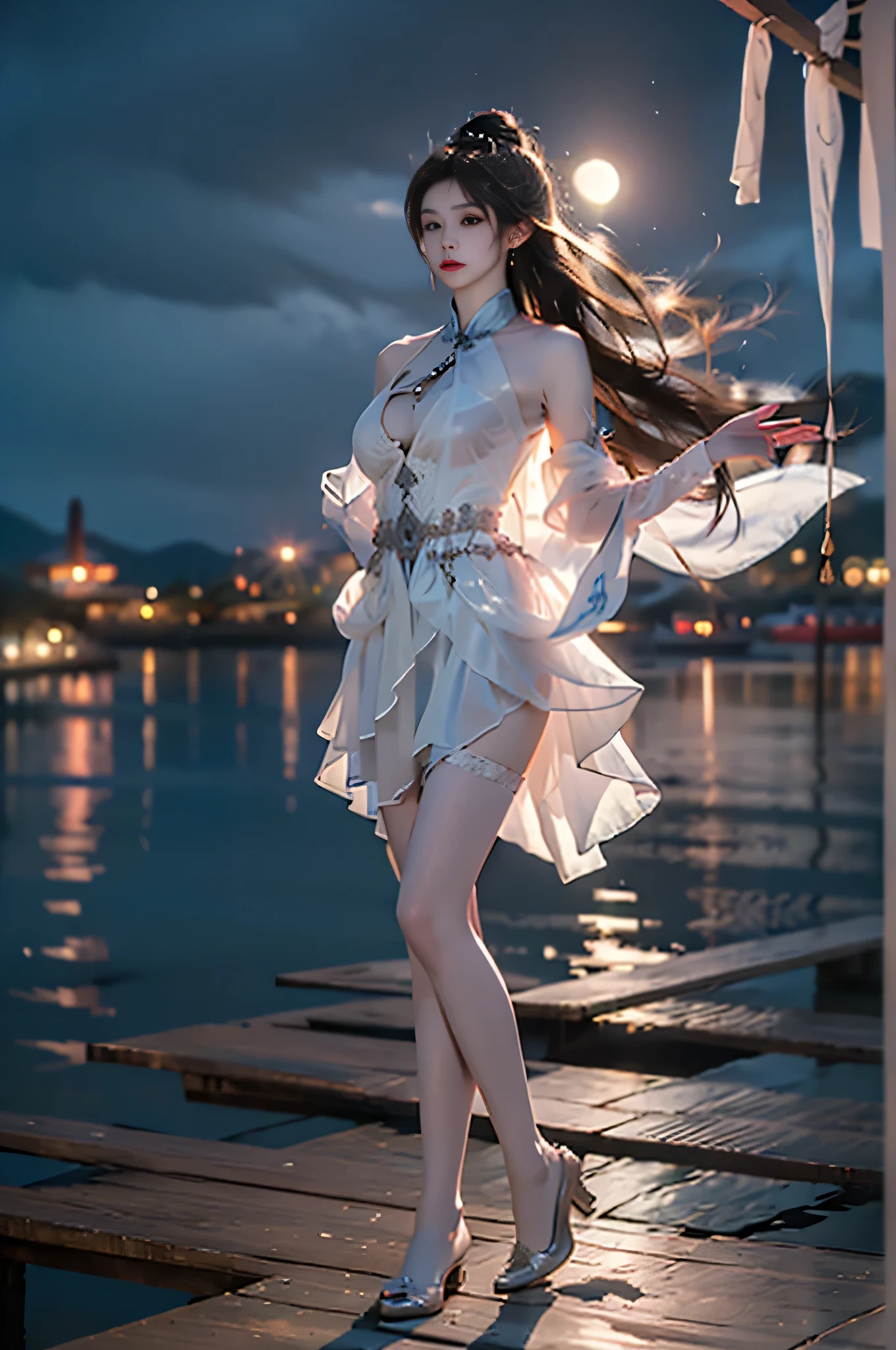 fantasy, high quality, 8K, realistic,photo realistic,RAW photo,photography,High resolution, ultra-definition, highest quality,Dramatic lighting, glitter effect, from below, midnight, moonlight, ballet、深い森の中の湖、full body,break,
神秘的な湖の上で月光を浴びて優雅にバレエを踊るプリマドンナの少女、Arabesque pose、孤独、1 girl、((luxurious and delicate white tutu)),semi-long hair,black hair,black eyes、綺麗な足、Ballet Pointe Shoes,