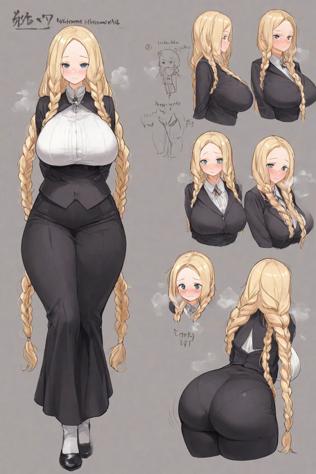 character sheet of Pamela Anderson as a principal blonde, straight hair, middle parted hairstyle, high cheekbones, big lips, full lips, up-turned nose, pointy nose, pouting, pouting lips, pale skin, 90s glamour makeup, tall, curvaceous, thin waist, big hips, hip dips, big breasts, large breasts, sagging breasts, long legs, button shirt, tie, pants, Best quality, 8k, Masterpiece, realistic, nagatiti(Gigantic Breasts:1.6)(hanging breasts: 1.5)