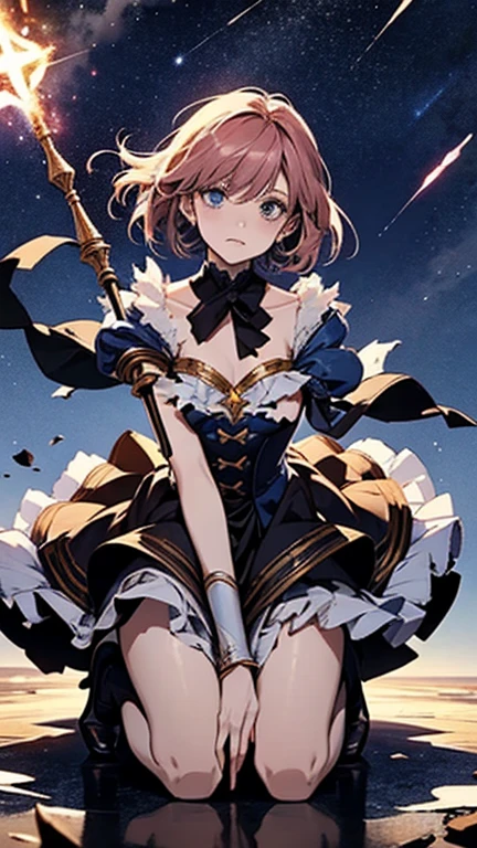 1girl, solo, weapon, sword, brown hair, short hair, hair ornament, armor, asymmetrical clothes, breasts, rapier, flower, dress, blue eyes, frills