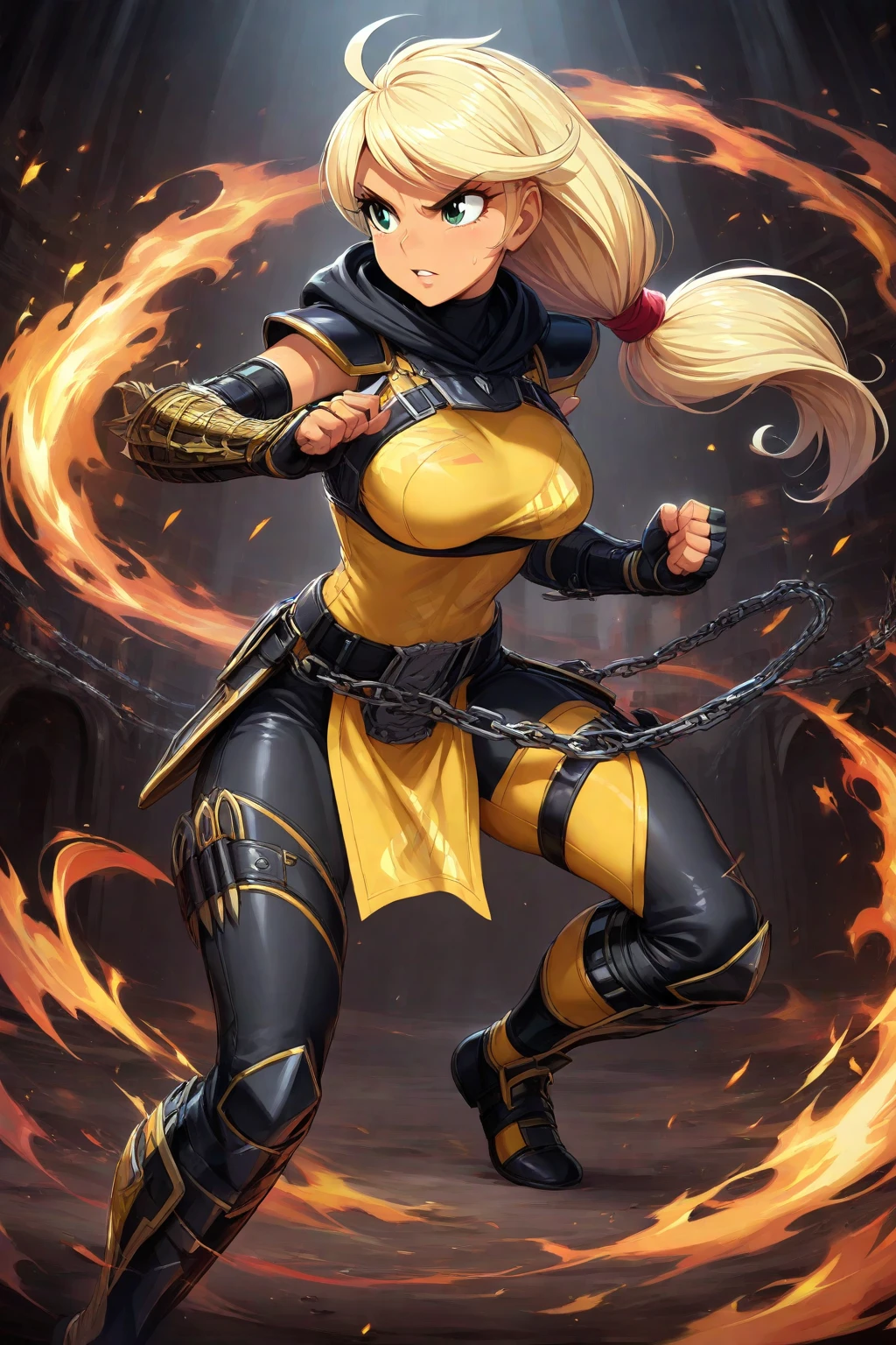 16k resolution image, Unreal Engine 5, Mortal Kombat style, Dragon Ball style, full body image of a woman doing hybrid Scorpion/Goku/Samus Aran cosplay, as a super saiyan, wearing an all-black futuristic Ninja outfit with yellow parts, with ninja mask on her face, looking at the viewer with angry eyes, Holding ninja weapons, emanating aura of fire around the body furiously, on a battlefield of a bloodthirsty ancient time, with zombies trying to catch you.