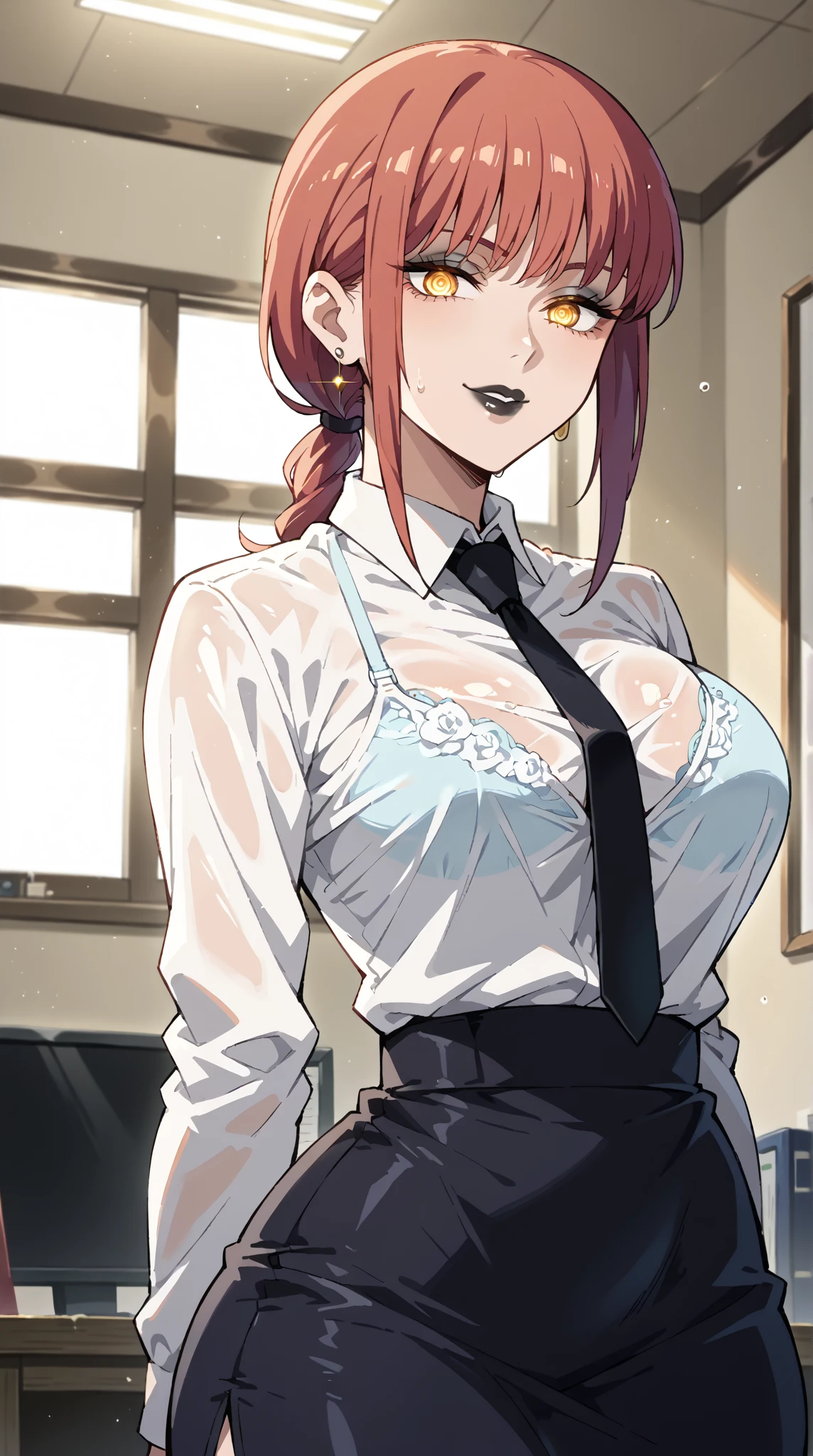 An anime girl with red hair and blue eyes wearing a skirt and an open shirt revealing a black and red bra