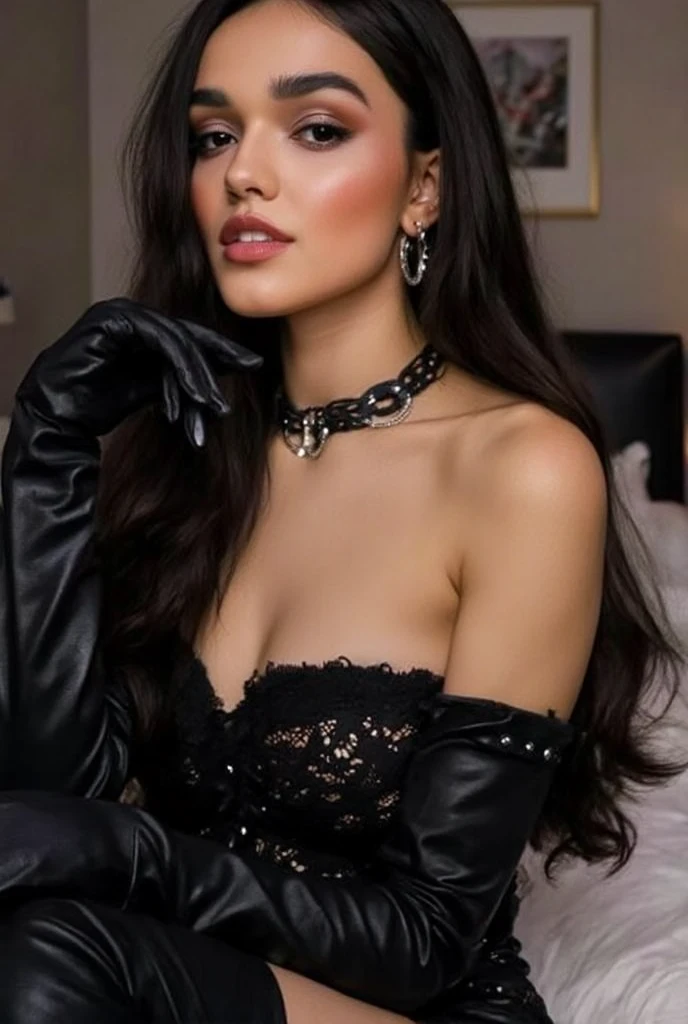 sexy latina model, beautiful smile, lipgloss, dramatic makeup, closeup photo, ((sparkling large necklace)), ((sparkling large bracelets)), day scene, large shopping mall background, gyaru, multicolor highlights, multicolor dramatic hair, ((business style leather dress)), sweet and sexy, seductive look