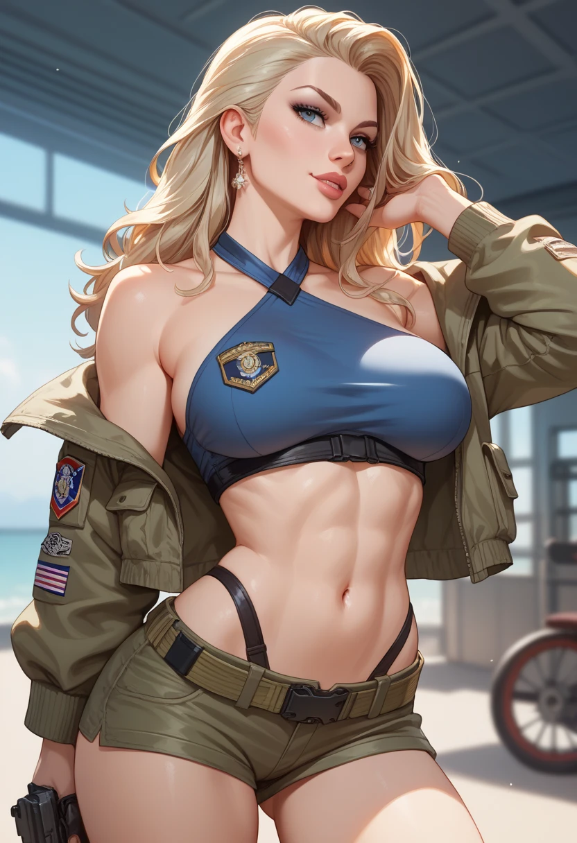 photorealistic full body portrait of stunning, female pilot in a hangar, old leather uniform, open bomber jacket, no bra, breasts, (8k, RAW photo, best quality, masterpiece:1. 2), blonde
