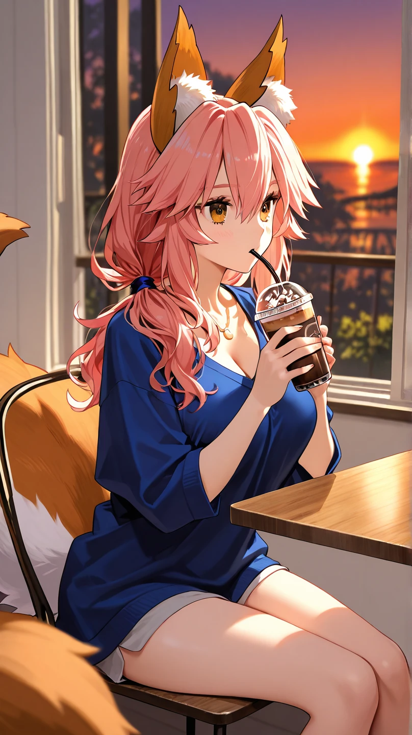 25-year-old anime girl in a white tank top, tight blue jeans and a short denim jacket in a landscape of a luxurious apartment with an orange cat on her lap and night view with a cup of tea in hand and playing with a ball of wool and a plant in the corner