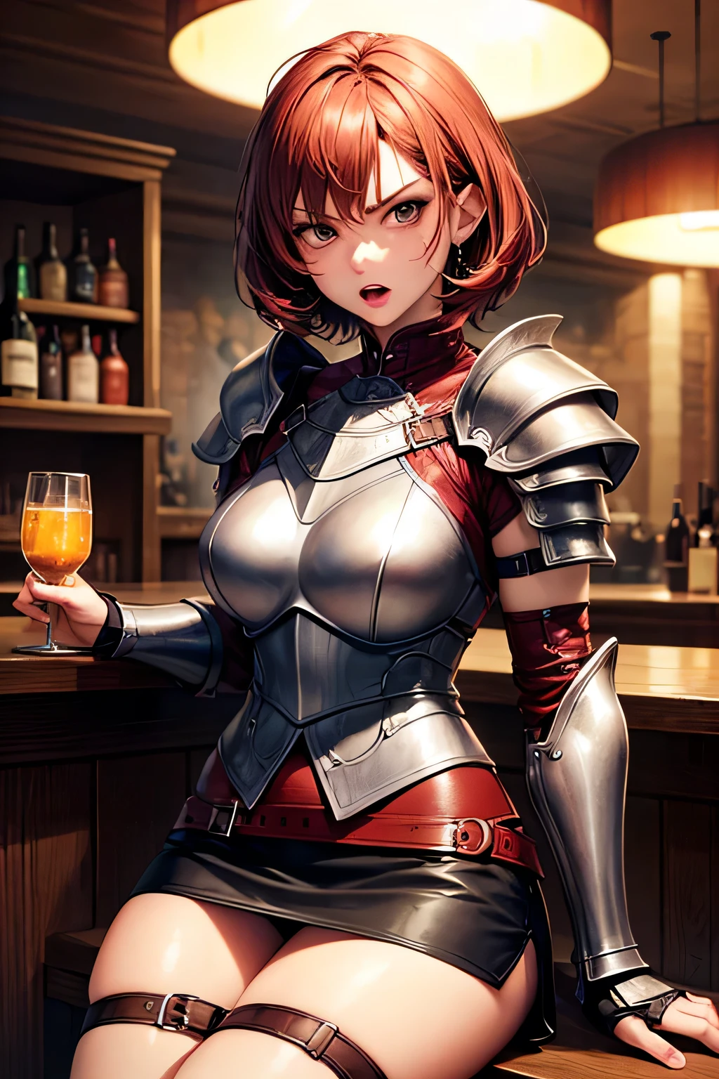 (Highest quality, masterpiece), (Ultra-high resolution, 8k RAW photos, Photorealistic:1.5, Cinema Lighting, Fabric Shading, Thin contours, Clear focus:1.2), Beautiful mature woman, Leaning forward, Long legs, Red hair:1.3, (Wearing thin glasses:1.5), (Mature Woman:1.5, 28 years old, alone),  (1 female:1.6), (Large Breasts, Saggy breasts, big , Tight waist), whole bodyesbian, (very short hair:1.8, Red hair:1.3, ), (thin and bright pupils, Highlighted, detailed eyes:1.3, A face with attention to detail, perfect face shape, Bloodshot eyes), (A seductive smile, Half-close your eyes:1.2), (Looking at the audience:1.3), (Dutch Angle, whole body:0.5, From below:1.5), ((Correct Anatomy:1.5, The right move)), (Ideal body proportions),(((Fluttering lace flared mini skirt, Sexy silver armor with attention to detail:1.5、red and black boots、Silver Helmet、Silver Gauntlets、Jeweled、Gold decoration)))、Slender、(Thighs Thighs Thighs Thighs:0.8)、(At the bar、Artistic stained glass、Hello Point、Mysterious、Particles of light、Solemn、Nikko is、colorful、Fantastic:1.2)、(Fantastic:1.3)、(Female knight with sword:1.8)、Cross Necklace:1.2, (Dynamic pose),