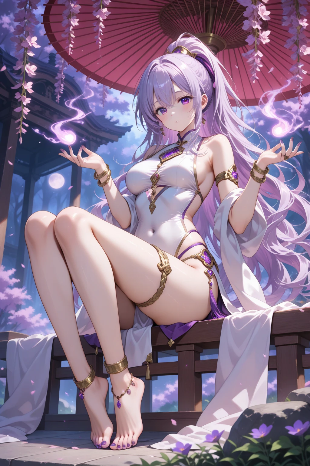 NSFW, photorealistic super nymphomaniac fox woman, big, priestess sitting on top of the torii gate of the shrine, full body, angular eyes, hair between the eyes, hair messy, gentle and attractive, bare shoulders, delicate and sexy collarbone, full length photo, attractive oval face, double eyelids, pink lips, small nose, noble, ultra high definition, super detail, elegant posture, ultra fine translucent wet thread, Wearing wet see-through ultra-thin white panties, emphasizing sparkly skin, wearing sweat, thighs and crotch, camel toe