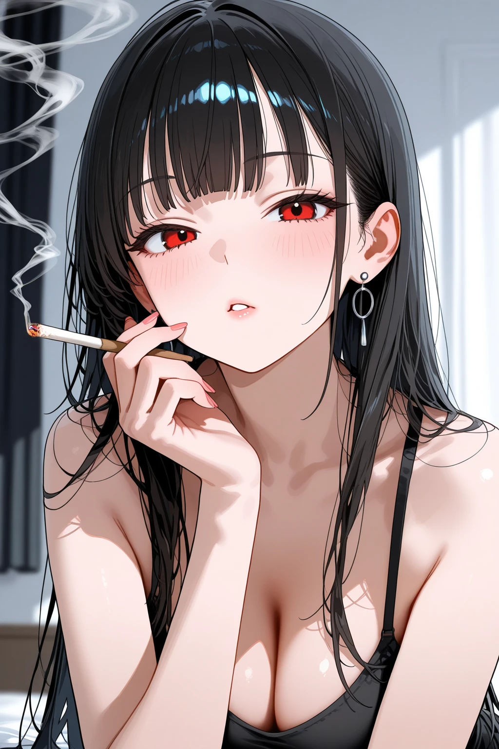 1girl, earrings, solo,lips, female focus, red eyes, looking at viewer, black hair, long hair, closed mouth, Cigarette in the mouth