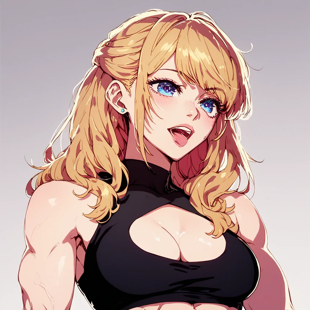woman, barbarian, muscular, long blonde hair, smiling, confident smile, athleticc body, 