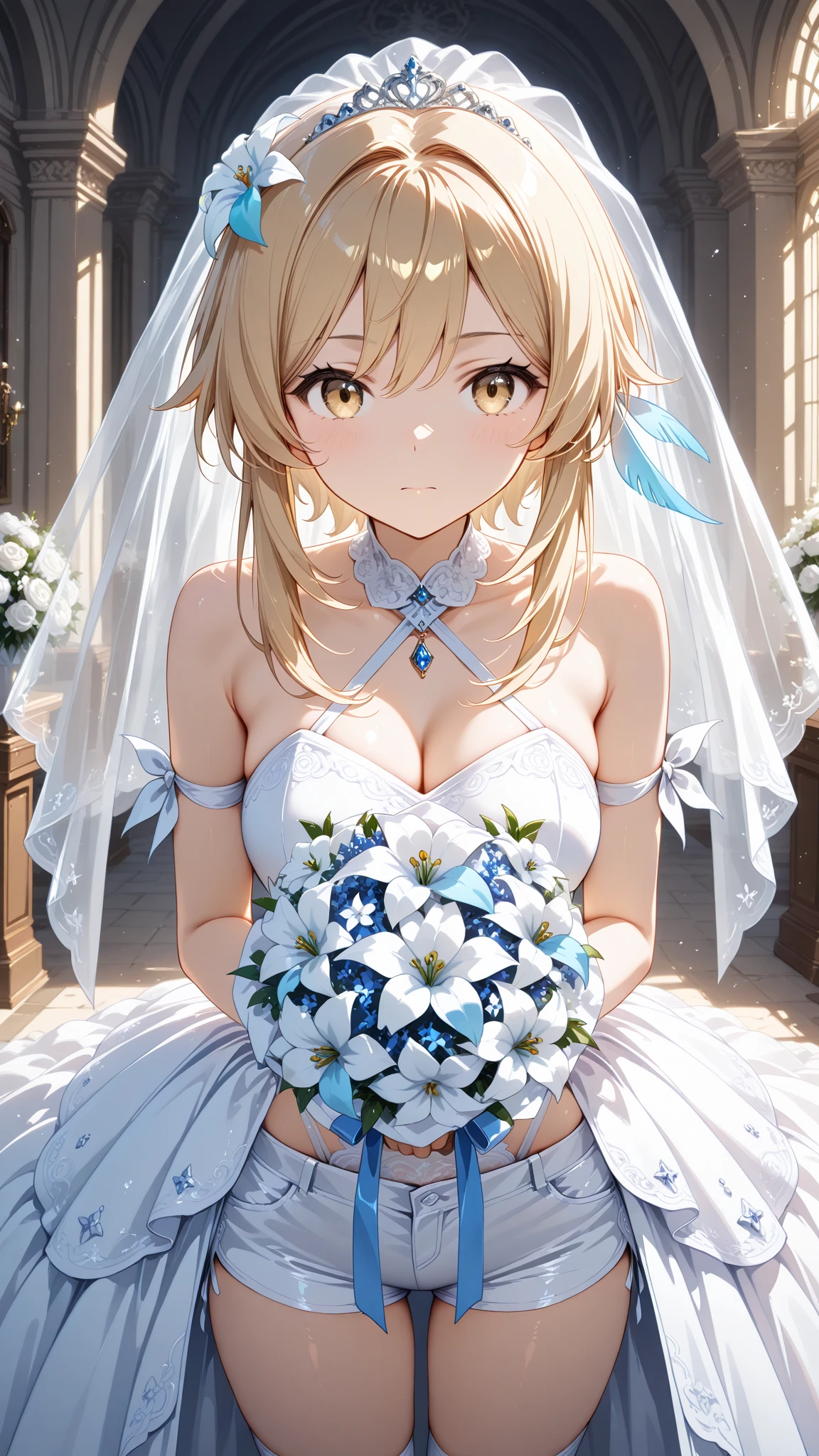 (masterpiece, best quality, beautiful and aesthetic:1.3), 1woman, solo, matured woman,  (bright gold hair streaked yellow:1.4), (Gradient gold hair ends:1.6), hair strand, absurdly short hair, single sidelock, wavy hair, shiny hair, floating hair, (deep blue eyes), delicate eyes, aqua eyes, super high detailed eyes, long upper eyelashes, makeup, Focus on face, Very detailed facial, Perfect breasts, hot body, (Delicate skin texture:1.2), (nipples are erect), bridal veil, lace-trimmed dress, see-through, wedding dress, outdoors, white roses, garden, morning, standing, extreme detailed, (A little embarrassing)