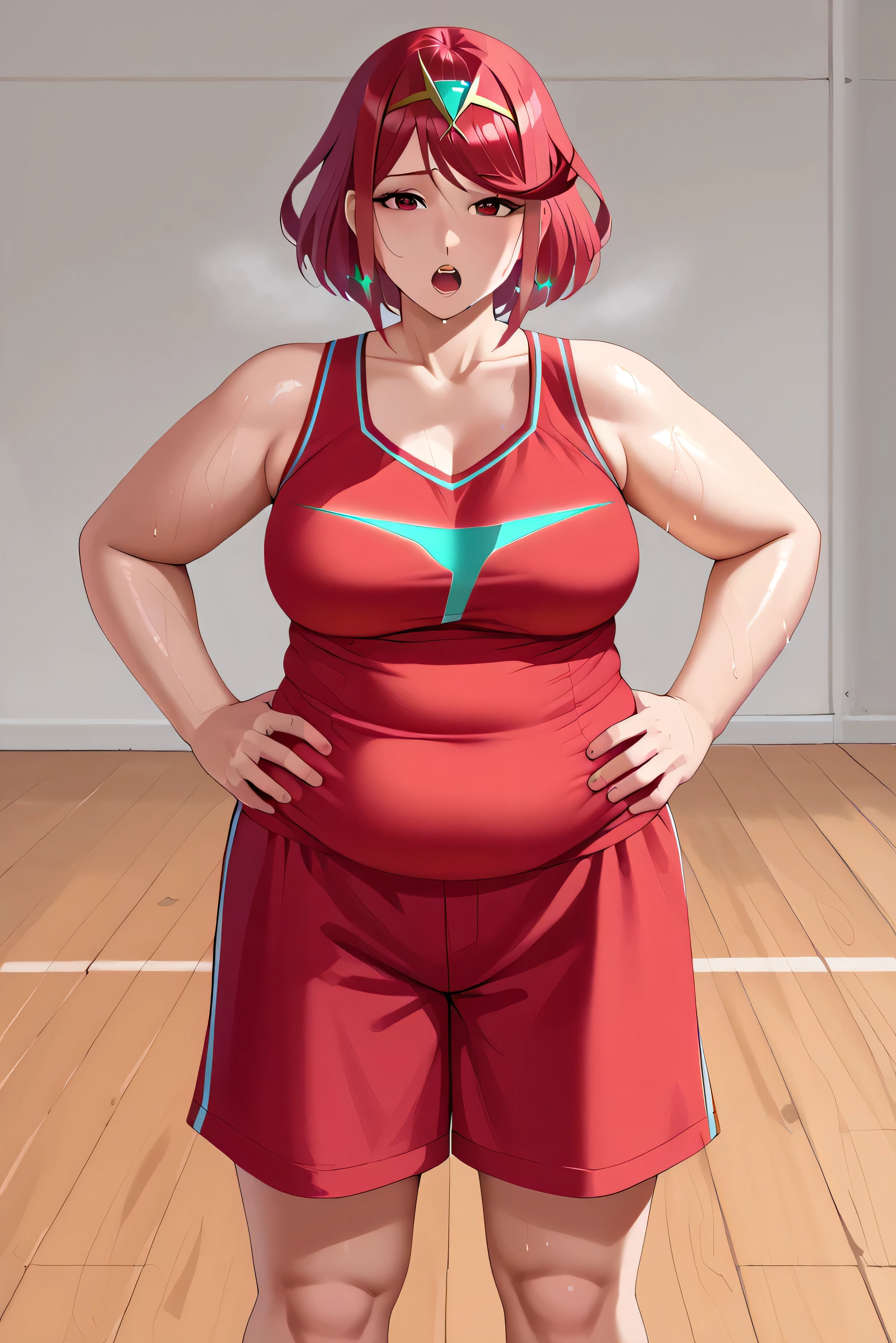 score_9, score_8_up, score_7_up, BREAK, 1girl, solo, pyra \(xenoblade\), xenoblade chronicles \(series\), tiara, solo, red eyes, 1girl, solo, jewelry, makeup, casual, cowboy shot, looking at the viewer, large breasts, hand on hips, red tanktop, sweaty, black gym shorts, sweating profusely, open mouth, exhausted, heavy breathing, puddle of sweat on the ground, steam coming out her mouth, gym, indoors, she wears pink shoes,medium breasts,, basketball uniform, jersery, sportswear, jersey, shorts, sleeveless,, audience, gym, sweat, open mouth, steam, sweat, looking at viewer, open mouth,, cowboy shot, half shut eyes, obese, chubby, thick thighs, chubby cheeks, big arms, (((Shiny Skin))), half body, thick thighs