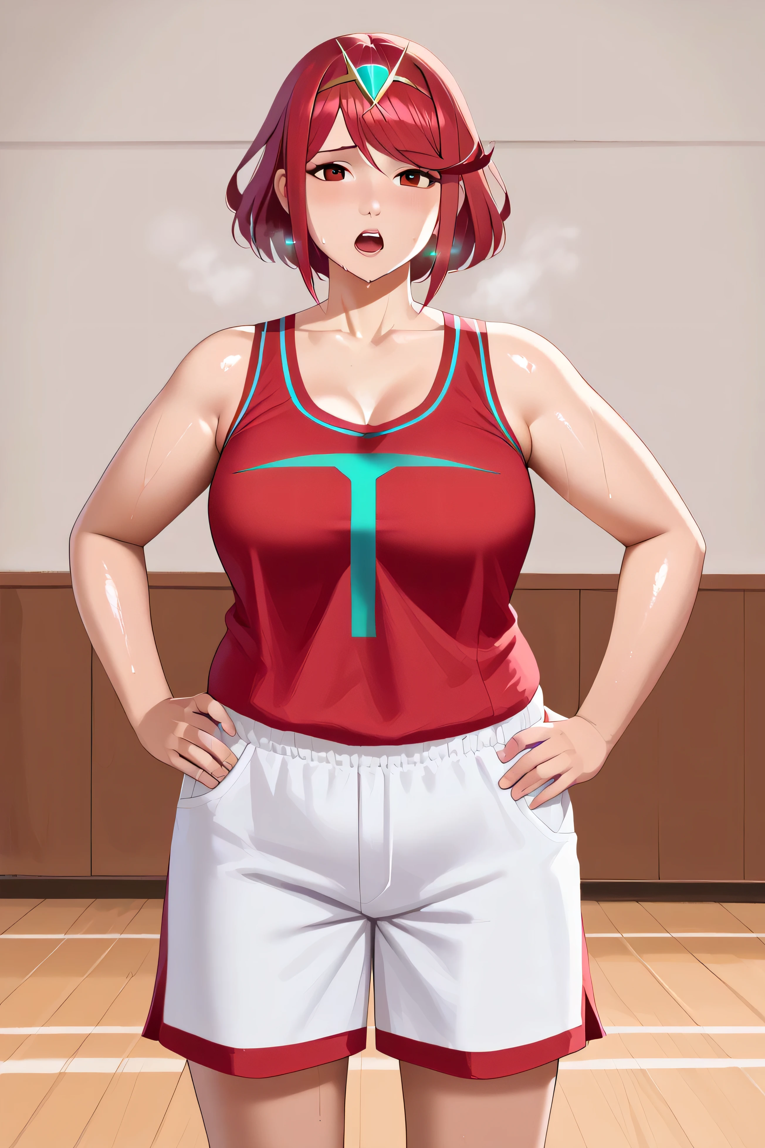 score_9, score_8_up, score_7_up, BREAK, 1girl, solo, pyra \(xenoblade\), xenoblade chronicles \(series\), tiara, solo, red eyes, 1girl, solo, jewelry, makeup, casual, cowboy shot, looking at the viewer, large breasts, hand on hips, red tanktop, sweaty, black gym shorts, sweating profusely, open mouth, exhausted, heavy breathing, puddle of sweat on the ground, steam coming out her mouth, gym, indoors, she wears pink shoes,medium breasts,, basketball uniform, jersery, sportswear, jersey, shorts, sleeveless,, audience, gym, sweat, open mouth, steam, sweat, looking at viewer, open mouth,, cowboy shot, half shut eyes, obese, chubby, thick thighs, chubby cheeks, big arms, (((Shiny Skin))), half body, thick thighs