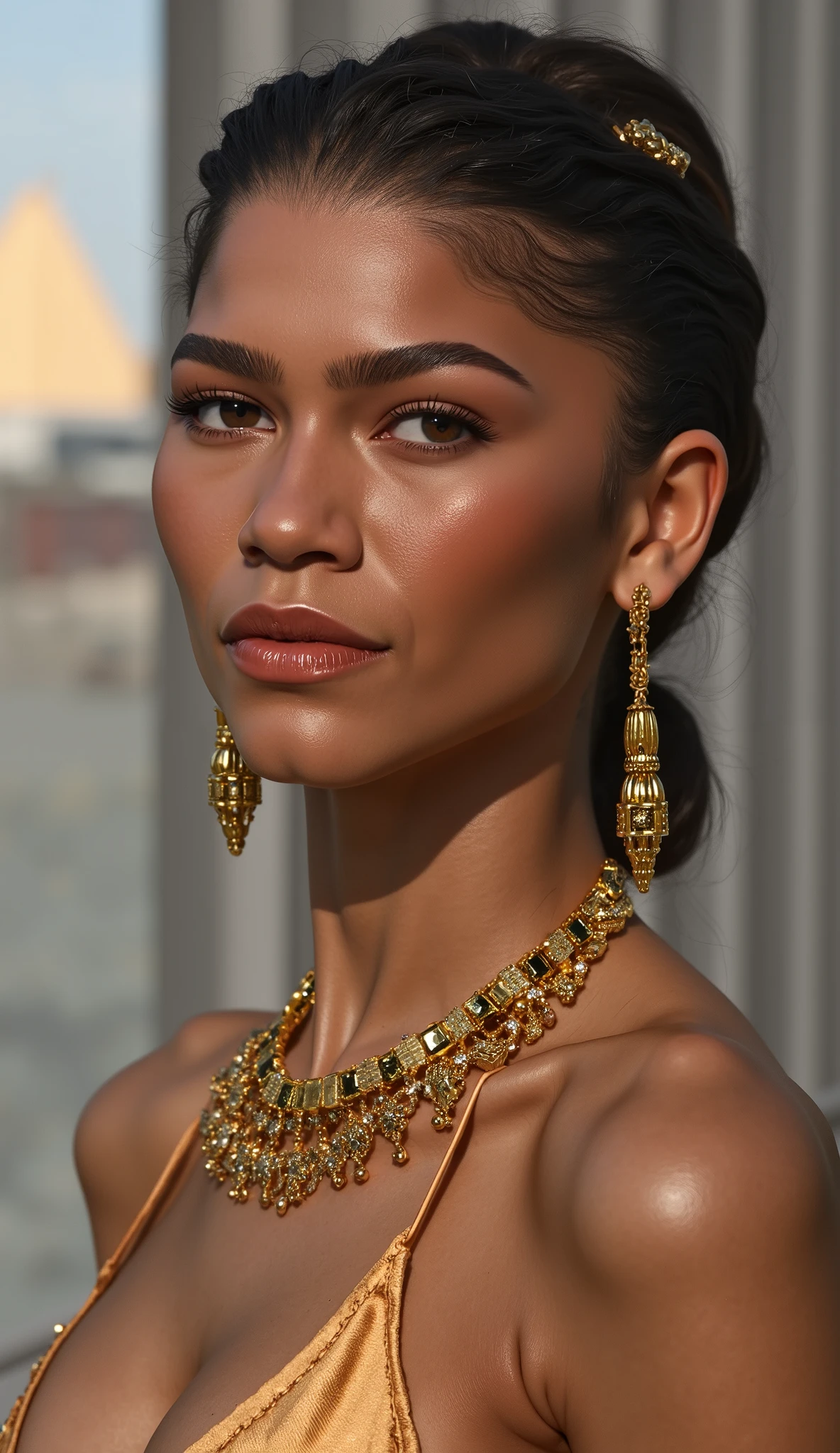Hyperrealistic Zendaya in gold with luxury earring and necklace in high quality gold with small black details, high quality hyperrealistic background with gray pillars and a pyramid only the face in high quality