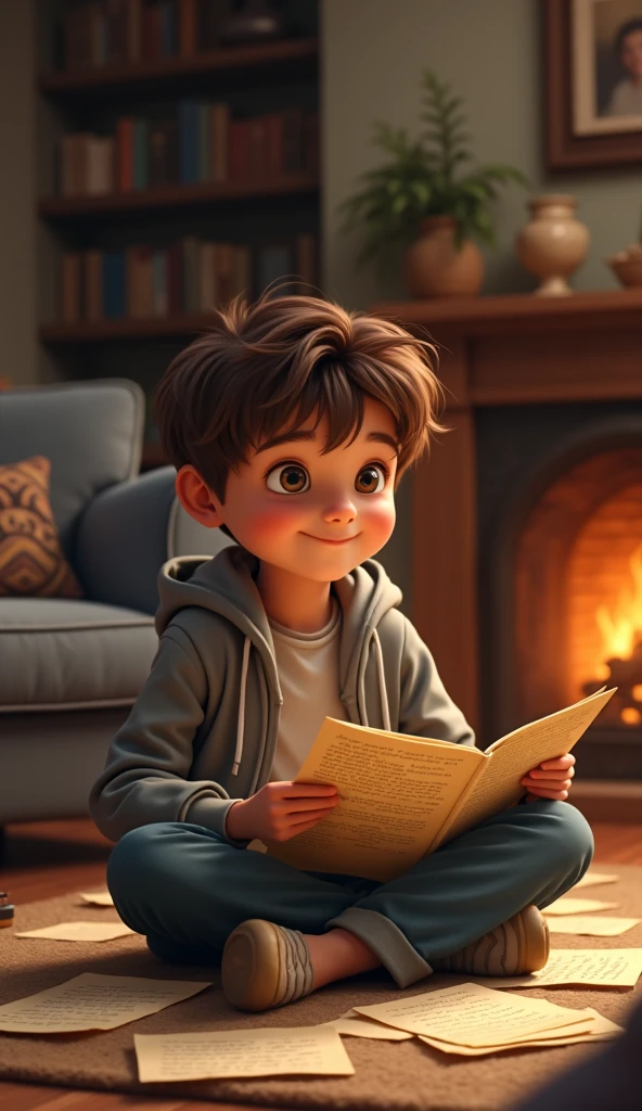 Scene 5: The boy responds to the example
The boy, with a thoughtful expression, tilts his head to the side and responds, "I would thank him." His expression shows he's beginning to understand his father's lesson. The setting remains warm and homely, with soft lighting