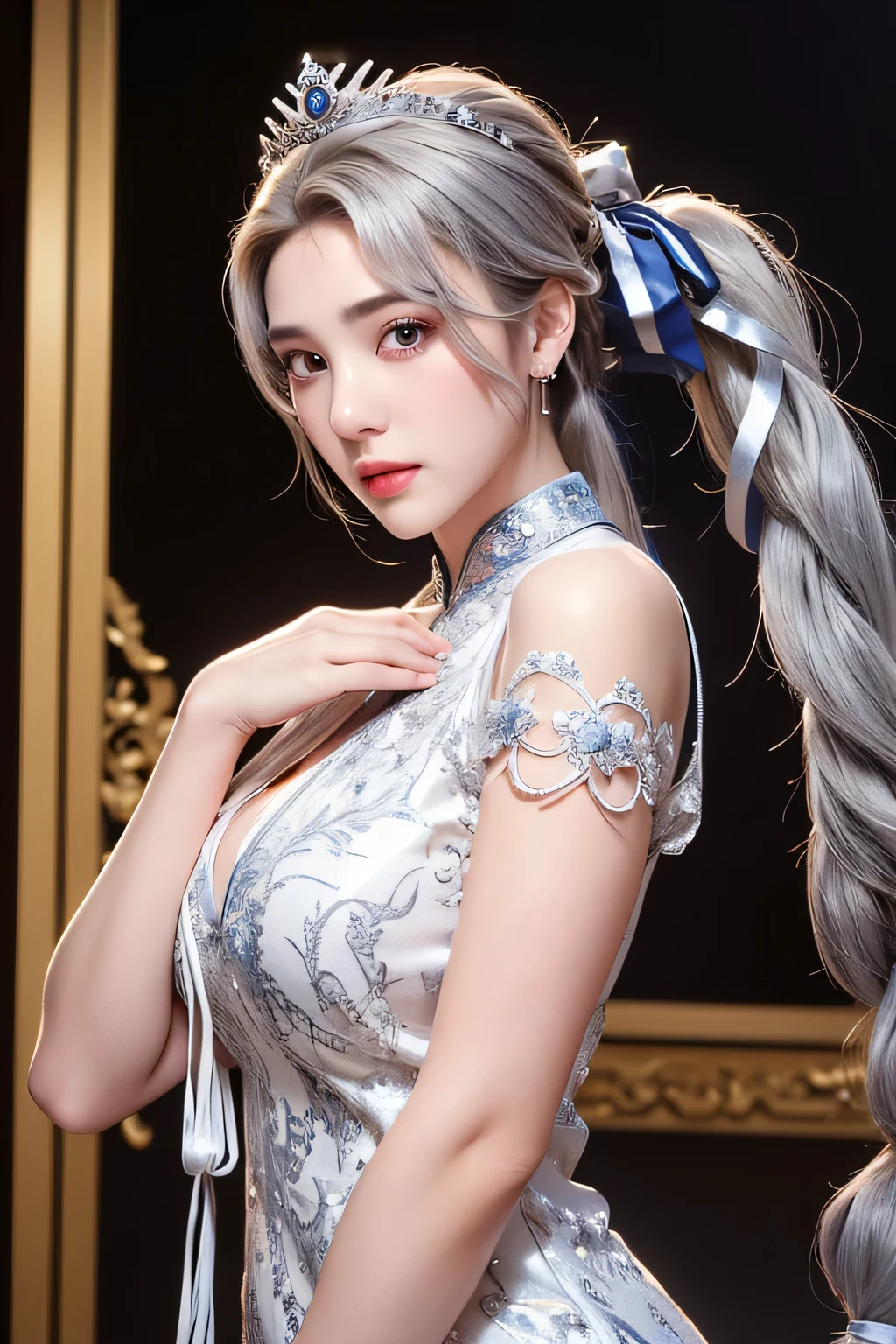 (Best Quality, Masterpiece: 1.2), Ultra High Resolution, Realistic, Front Lighting, Intricate Details, Exquisite Details and Textures, 1girl, Solo, (Young), Facial Highlight, full body shot, Detail Face, Tear Mole, White Skin, (Silver Hair:1.1), High Ponytail, Big Eyes, Silk Hanfu, (Openwork Pattern, White, Silk), Earrings, Big Breasts, Slim Figure, Professional Lighting, Photon Mapping, Light Energy Transfer, Physically Based Rendering, ballroom, light smile
