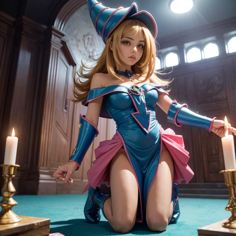(8k, RAW photo, best quality, masterpiece:1.2), (realistic, photo-realistic:1.37), ultra-detailed, (high detailed skin:1.2), 8k uhd, dslr, soft lighting, high quality, film grain, Fujifilm XT3
dark magician girl, masterpiece, best quality, 1girl, blonde hair, blue footwear, blue headwear, breasts, duel monster, hat, hexagram, large breasts, long hair, looking at viewer, nail polish, pentacle, pentagram, solo, staff, wand, wizard hat, yu-gi-oh! <lora:dark_magician_girl:0.6> <lora:dpep2768:0.25>
