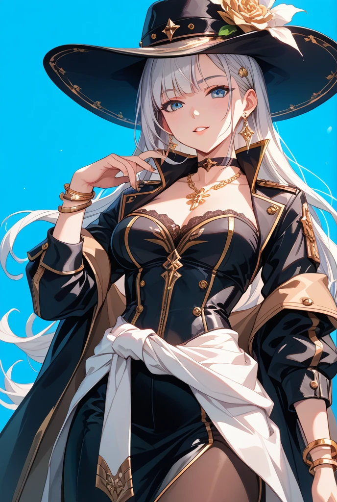 (best quality:1.5, highres, UHD, 4K, detailed lighting, shaders), white wavy hair, gradient hair, large breasts, black shirt, skirt jeans, mature woman , black Witcher hat, (pov), white background, colorful red eyeshadow, dramatic lighting, smile eyepression, golden earrings, flowing hair, delicate facial features, soft skin, high cheekbones, white background, stand up, lean forward, full body