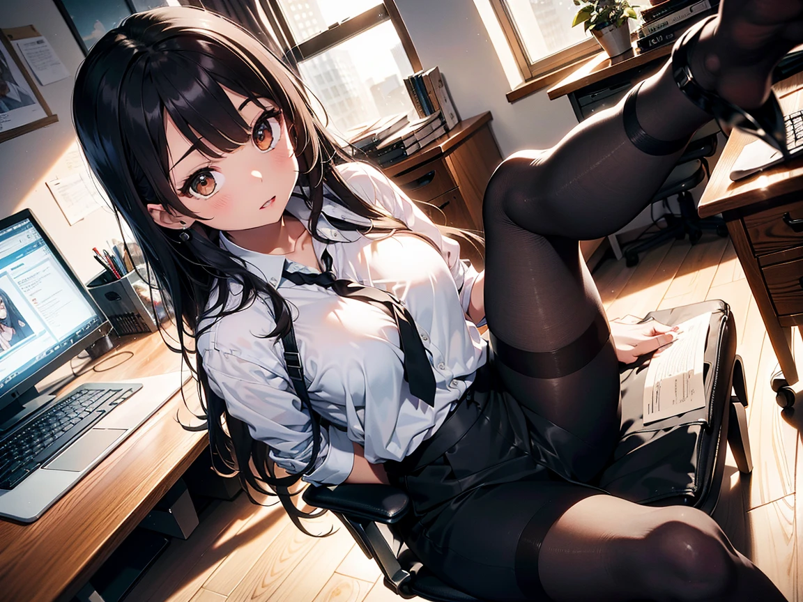 (masterpiece), (realistic), (best quality), (ultra-detailed), amazing, girl, 45 years old, house wiife,  hair, lomg hair, big breasts, slender weist, smile,huge erection of nipple,  beautiful eyes, brown eyes, jewel in the sparkle galaxy, Masterpiece, one girl, super realistic finish, Japanese, makeup, super close-up, gravure model, beautiful cabin attendant, ((office worker suits, uniform,))pantyshot, long brown hair, office lady, Wearing a pink plaid vest, White short sleeved shirt, Gray pencil skirt, Wear stiletto heels, Necklace, earrings,  Cute face, Smile, Blushing, Shyness, Glass wall, Ultra Detail, Realistic, Front view, Whole body, (wearing in [[white and gray check pattern）beautifulsmall breasts, breasts out, nipples, glare, annoying, blush,  Vest worn over white collared long-sleeved shirt:1.4), (gray vest with buttons:1.2), (Pink Theme:1.2), (blue ribbon ribbon:1.3), (Black theme:1.4), (Tight black pencil skirt:1.5), ((Brown pantyhose)), (high-heels:1.1),office desk, office chair,blush crotch seam, feet foot focus ,(((brown _pantyhose,))skirt lift, sexy lingerie,₍₍ bare breasts)),sexy underwear ,show off nipple,（cum on clothes,) bukkake, breasts, nice body,(large breasts,)  panties, dressing room, esolution,extremely detailed CG unity 8k,(uncensored:1.5),(perfect ???????, perfect body, perfect hands, perfect legs, one pussy, one anus), (office worker lady:1.2), (female office worker suits, tight skirt, office jacket, white shirt, neck name tag:1.2), {1girl in center}, (mature female:1.25), charming face, elegant, parted lips, shyness, kind eyes,(NSFW),(bottomless:1.7), (pantyless:1.25), large breasts, (female pubic hair:1.5), garter stockings, front shot, (sitting:0.7), (spread_legs),(virgin pussy, ?????, unused pussy, very small vaginal hole, very tight vaginal hole:1.15),(big clitoris, long clitoris, urethra, small urethral meatus, anus, thick anus, dark pussy juice:0.9), (spread anus, spread pussy:1.05), (1boy, penis, armpits:0.55), (from below:0.55),