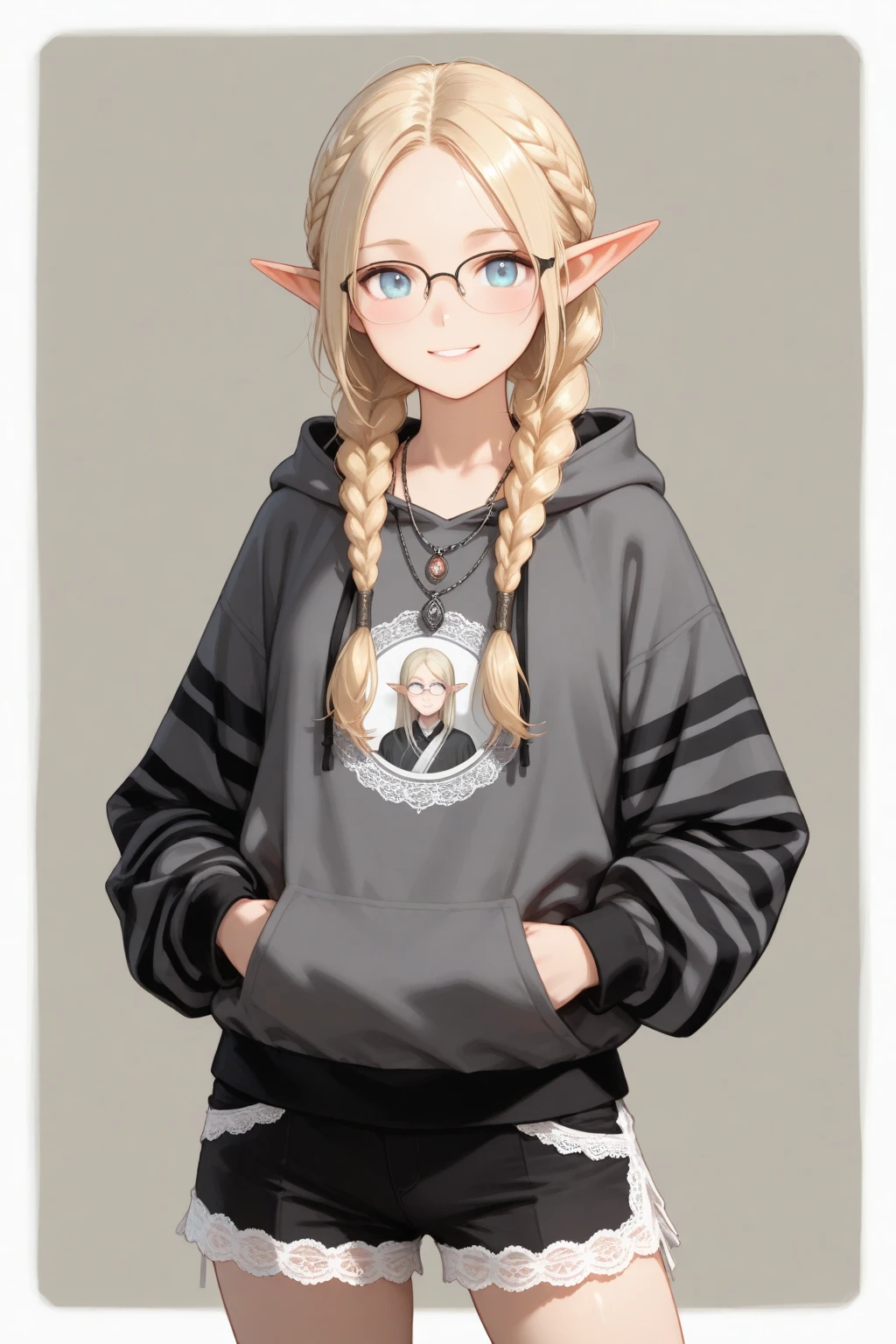 (masterpiece, best quality) detailed, dmarci, 1girl, solo, black cargo shorts, silver accessories, denim jacket, blonde, elegant, pointed ears, casual posture, looking at viewer,