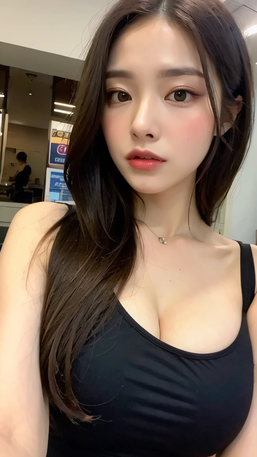 (real, High resolution:1.3), One girl with a perfect body, Very beautiful face and eyes,straight hair, Black tank top:1.2, Short jeans,Cleavage,Selfie