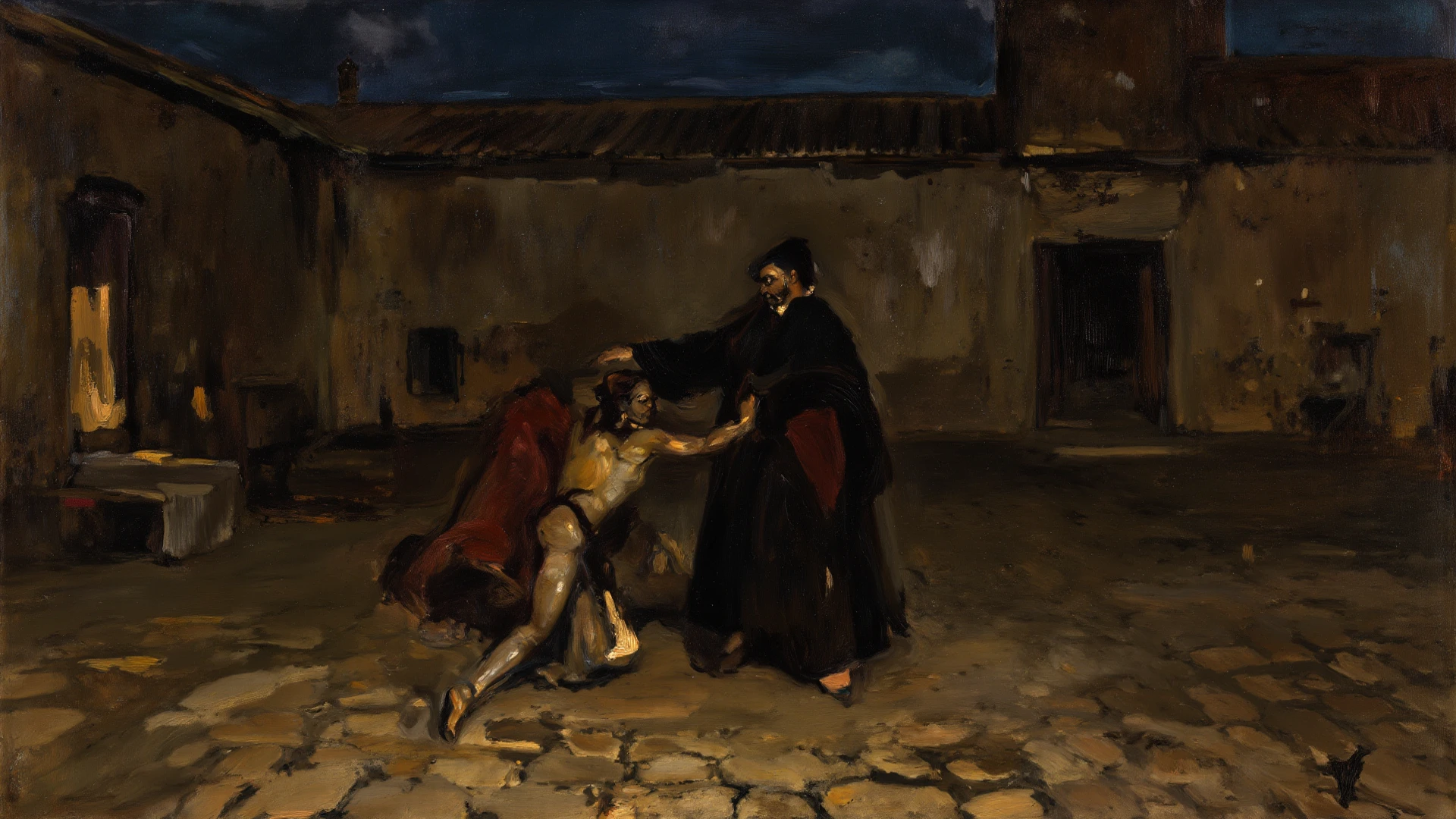 Cicero's severed head and hands, graphic and detailed, lying on the ground after the beheading.