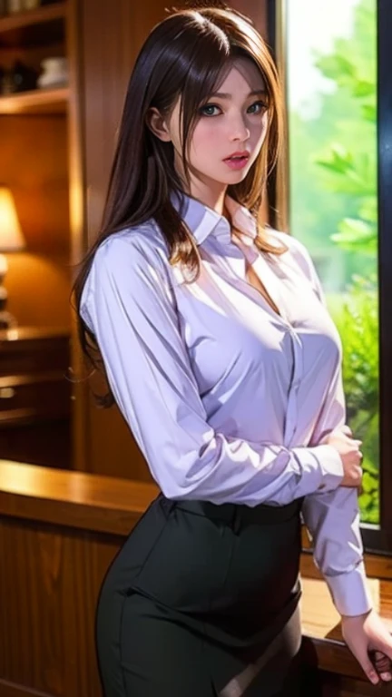 (8k high resolution), masterpiece, best quality, realistic ((medium bust)), hair in one eye, purple eyes, very big hoop earrings, sharp eyes, choker, red gemstone necklace. , (symmetrical eyes), (perfectly symmetrical body ), photo of a beautiful 20-year-old teenage girl, ((perfectly symmetrical body )), ((in the teacher's room)), (black short skirt), university uniform, (( female The girl wears a tight white short-sleeved shirt, unbuttoned, open chest showing off her beautiful breasts)) ((short black pencil skirt Deep slit skirt in front of the legs)), (mahalaiuniform), belt, bob, SHORT hair, side bangs, golden blonde hair, double eyelids, sharp eyeliner, blush eyeshadow. She has thick eyelashes, very delicate and beautiful, round chin, sharp focus. Elegant. She is already sitting on a full study table. Turn your head with your legs open to eye level. Open your legs. Lift your right leg over your left leg. Let your legs open naturally. Legs slightly separated. Dynamic pose, bracelet, women's watch,MIDDLE breasts,cup D