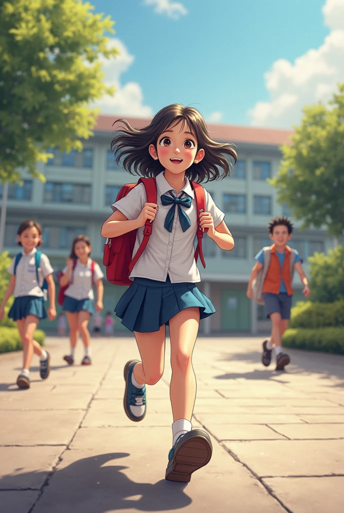 Two running children, a boy and a girl, on the school campus, behind the school building, carrying school bags, happy, happy, perfect quality, clear focus (clutter - home: 0.8), (masterpiece: 1.2) (Realistic: 1.2) (Bokeh) (Best quality) (Detailed skin: 1.3) (Intricate details) (8K) (Detail Eyes) (Sharp Focus), (Happy)