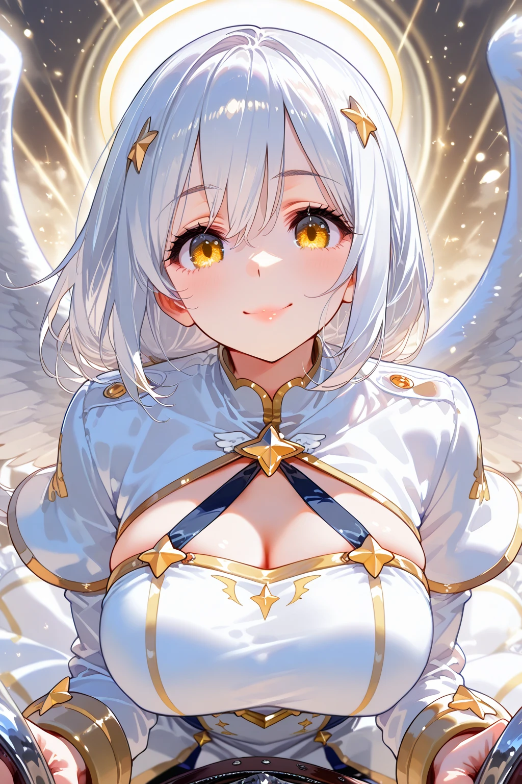 (angel girl:1.2), (1 person:1.2),(10 year old girl)、young girl、big breasts、 nffsw、shader、highly detailed eyes、angel costume(Wearing a white cloth、angel wings、angel ring)、long straight hair、underide boob、gray hair、Braid、silky hair、ultra-intricate pupil in eyes、highest quality、bright colors、Bust 100、Standing picture of the game、Stirring composition、Composition looking up from below、Pose that emphasizes the chest、fold your arms、white shiny gloves、grinning expression、eyes half closed、open your mouth、fold your hands behind your back、Hide your hands、evil smile、whole body、beautiful