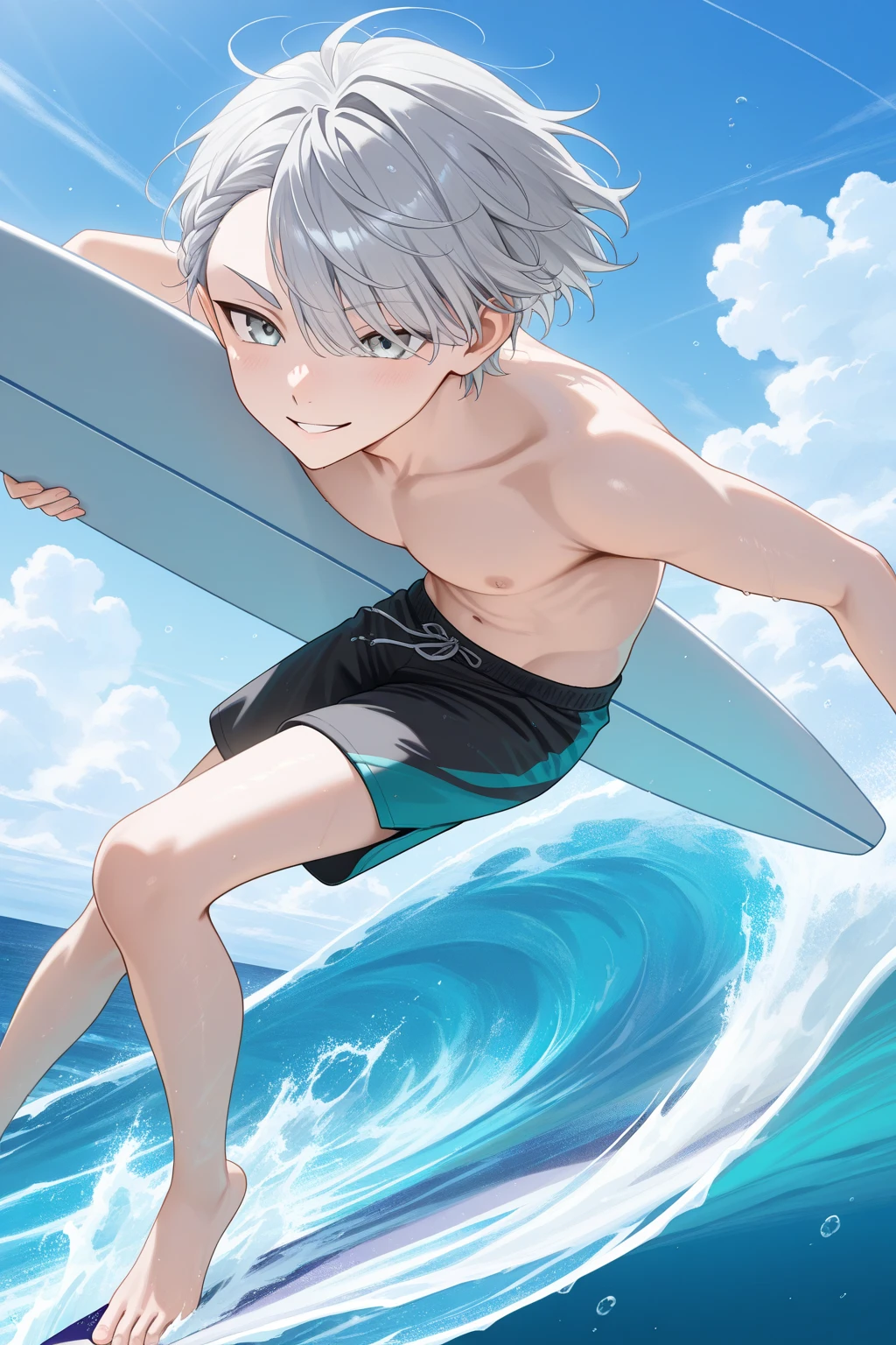 Ocean, sandy beach, one boy, light blue hair, bangs, swimsuit, holding surfboard